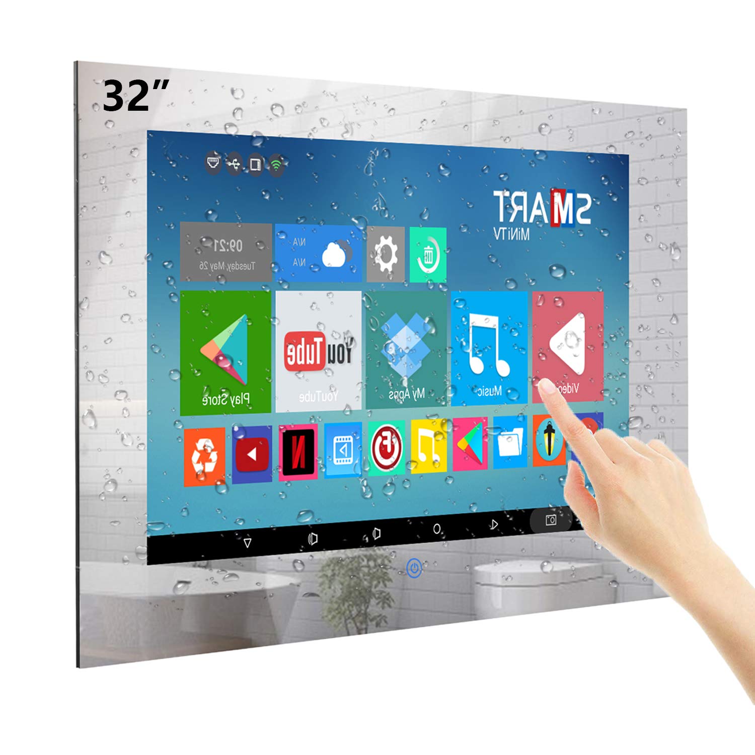 تلویزیون آینه هواکران ۳۲ اینچ صفحه لمسی هوشمند ضدآب با صفحه نمایش Full-HD ضدآب IP66، سیستم عامل اندروید ۱۱.۰، تیونر DTV داخلی، وای-فای، بلوتوث، بلندگوهای ضدآب (مدل ۲۰۲۲)