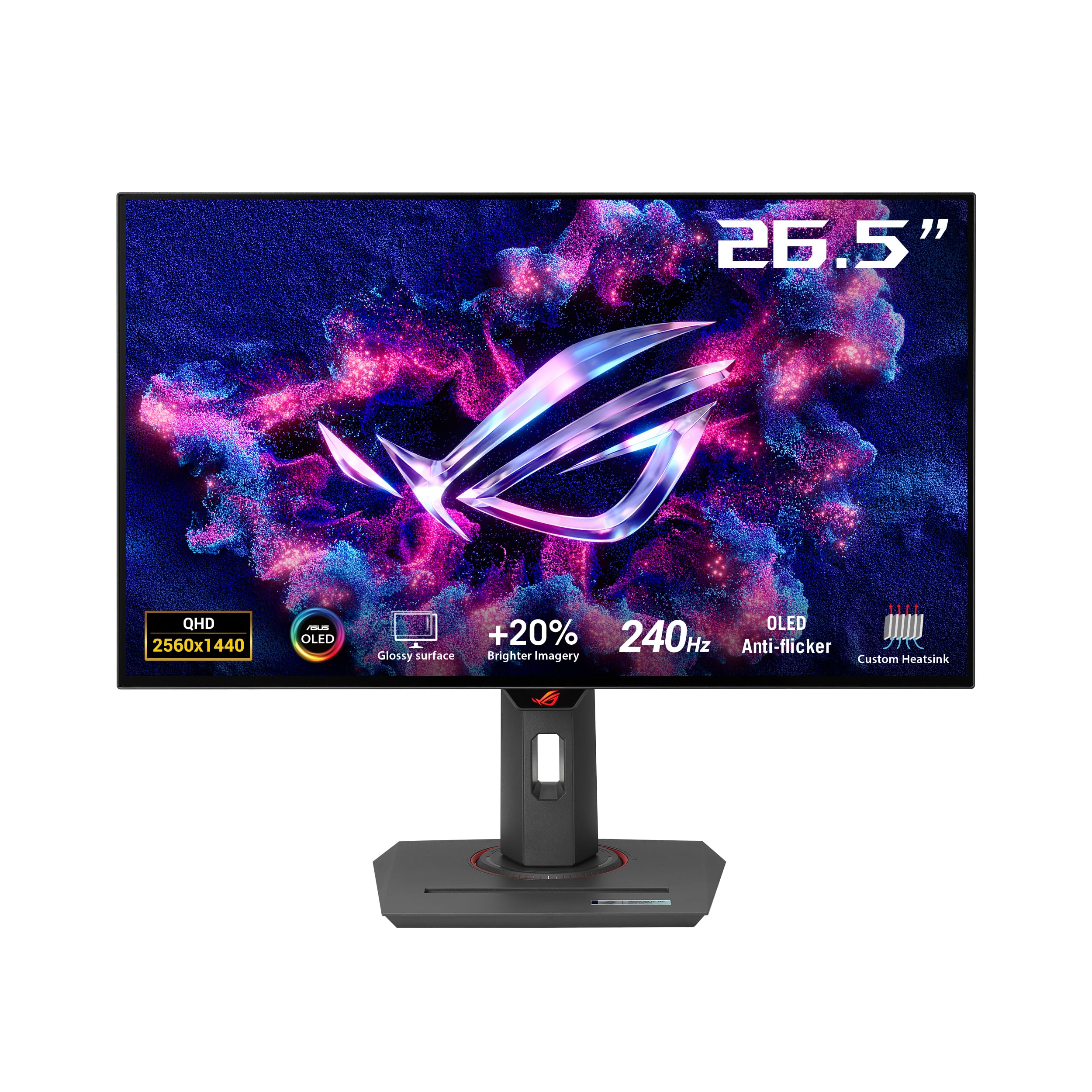 صفحه‌نمایش بازی ASUS ROG Strix OLED اندازه 27 اینچ، روکش Glossy، 1440P - 240Hz، 0.03 میلی‌ثانیه، هیت‌سینک سفارشی، ضد چشم‌خیره‌کننده، روشنایی یکنواخت، سازگار با G-SYNC، مرکز DisplayWidget
