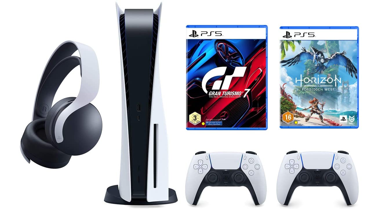 بسته کنسول دیسک پلی‌استیشن 5 با بازی‌های Gran Turismo 7 و Horizon Forbidden West و هدست بی‌سیم Pulse 3D اضافی و دو کنترلر بی‌سیم Dualsense اضافی (نسخه امارات)