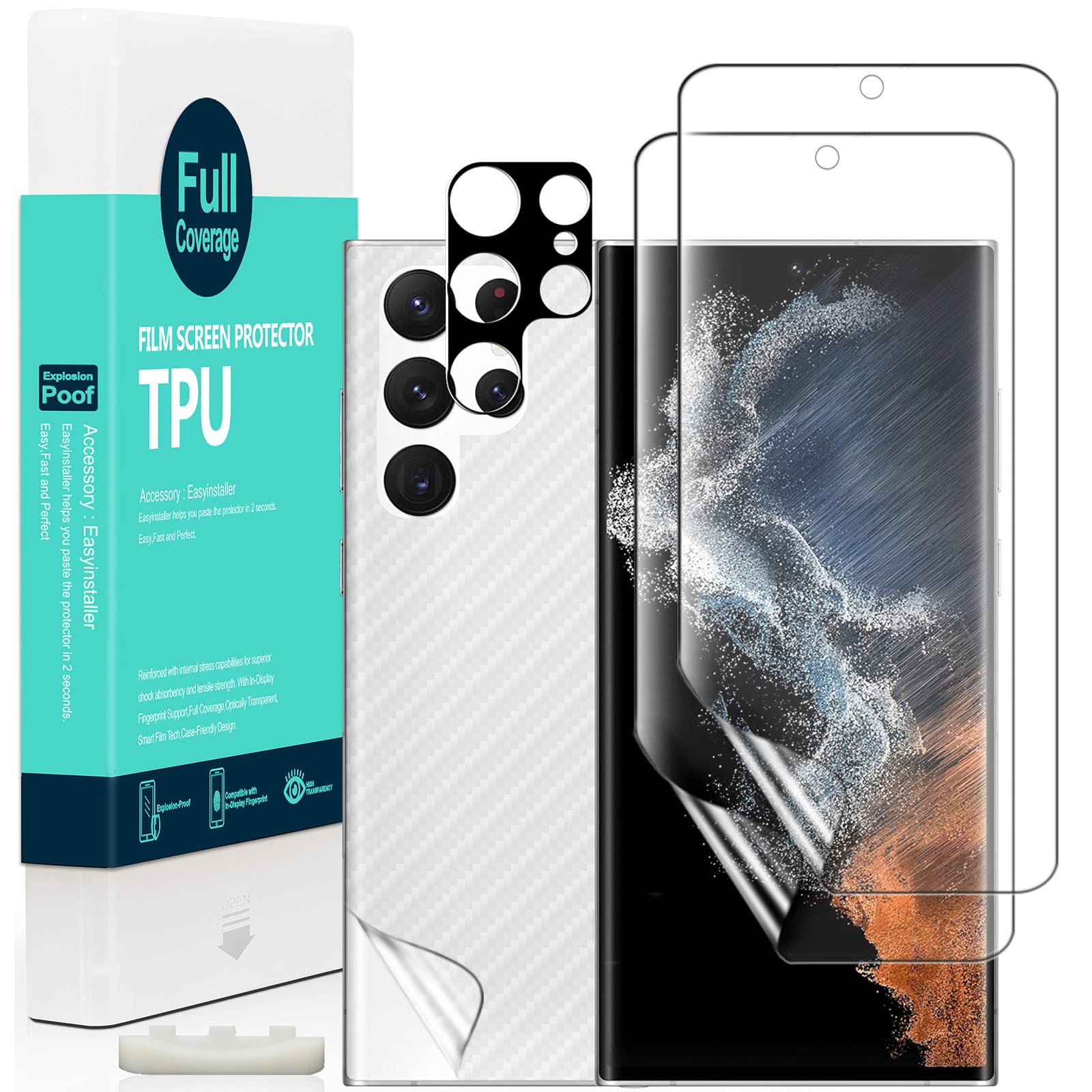 پک دو عددی گارد صفحه نمایش Samsung Galaxy S22 Ultra 5G (اینچ 6.8) با محافظ لنز دوربین و فیلم کربن فایبر عقب، بدون حباب، فناوری فیلم هوشمند، 99٪ شفافیت HD، نصب آسان، مناسب برای قاب‌های محافظ