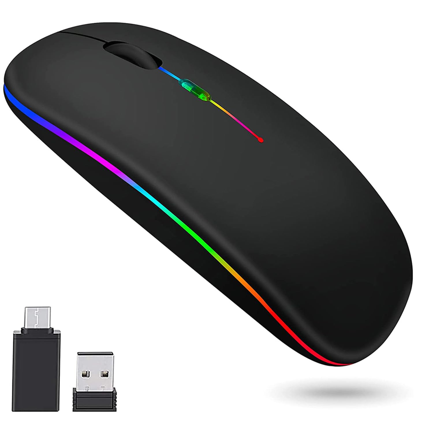 ماوس بلوتوث بی‌سیم Qniceone، مدل نازک با LED دو حالت (بلوتوث 5.1 + USB) 2.4 گیگاهرتز قابل شارژ، قابل حمل و بی‌صدا با آداپتور Type C برای لپ‌تاپ/مک‌بوک/آیپد OS 13 و بالاتر (مشکی مات)