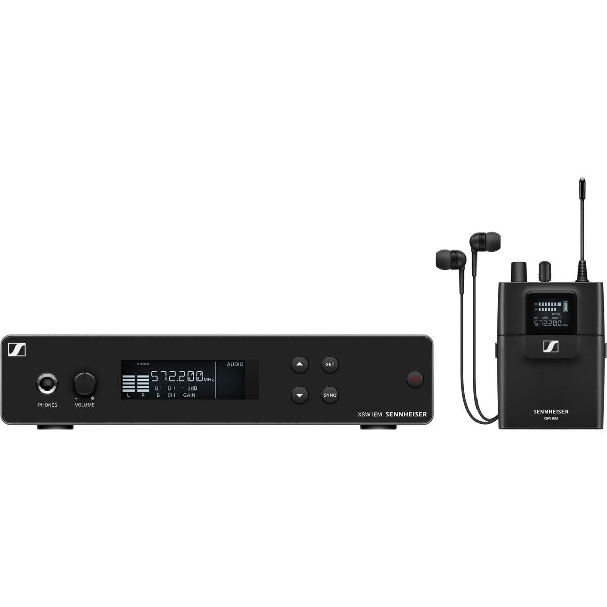 سیستم نظارت شخصی در گوش Sennheiser Pro XSW IEM SET A با فرستنده SR و گیرنده EK به همراه هدفون IE4 برای هنرمندان، خوانندگان و موسیقی‌دانان، محدوده A 476-500 مگاهرتز، سیاه، بی‌سیم در گوش سیاه