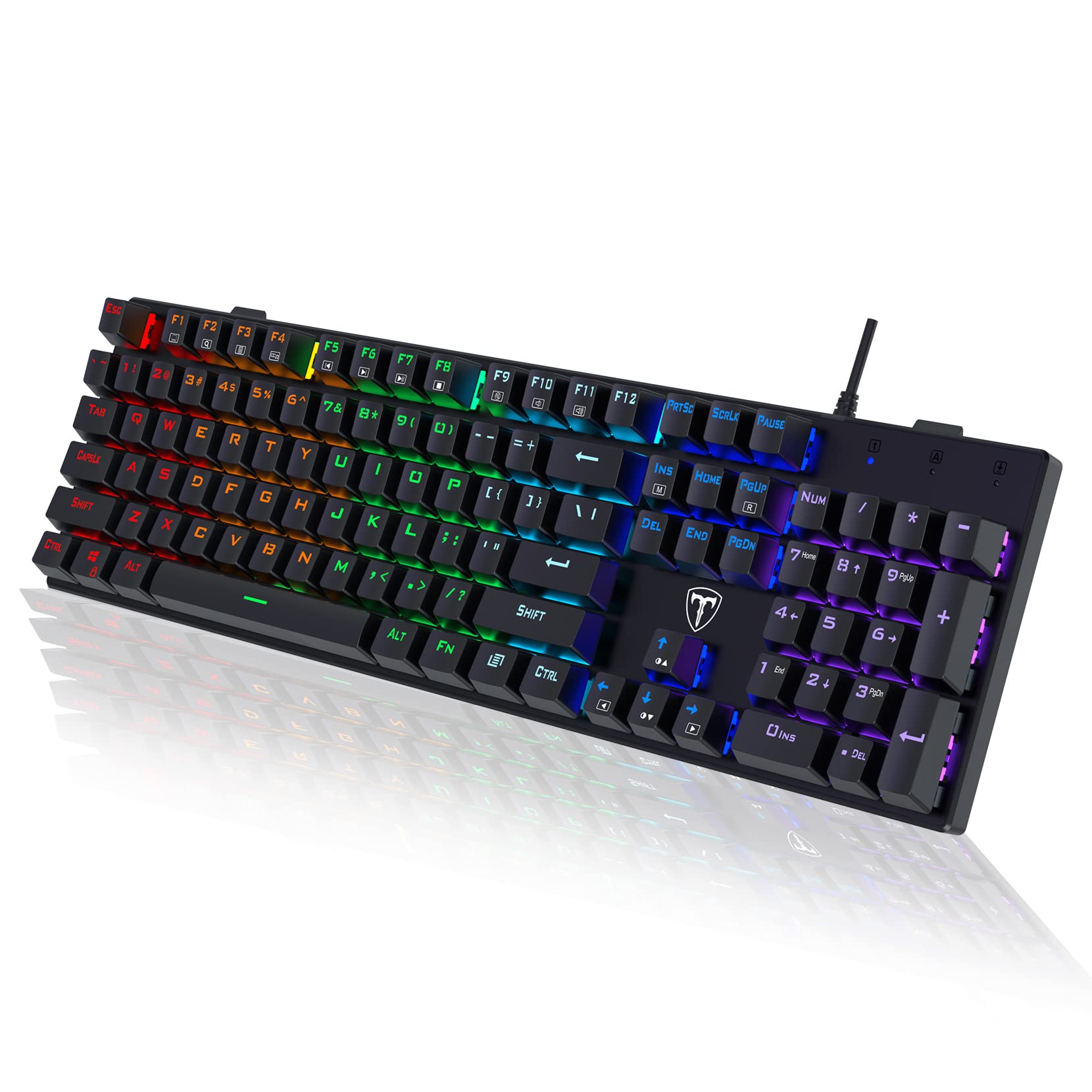 کیبورد گیمینگ مکانیکال، RGB 104 کلیدی اولتراسلیم با نورپردازی رینبو LED وایرد USB با سوییچ های آبی، کیبورد مکانیکال با پوشش ABS مقاوم در برابر نفوذ و ضد قلک برای گیمرهای PC Mac Xbox کلاسیک سیاه