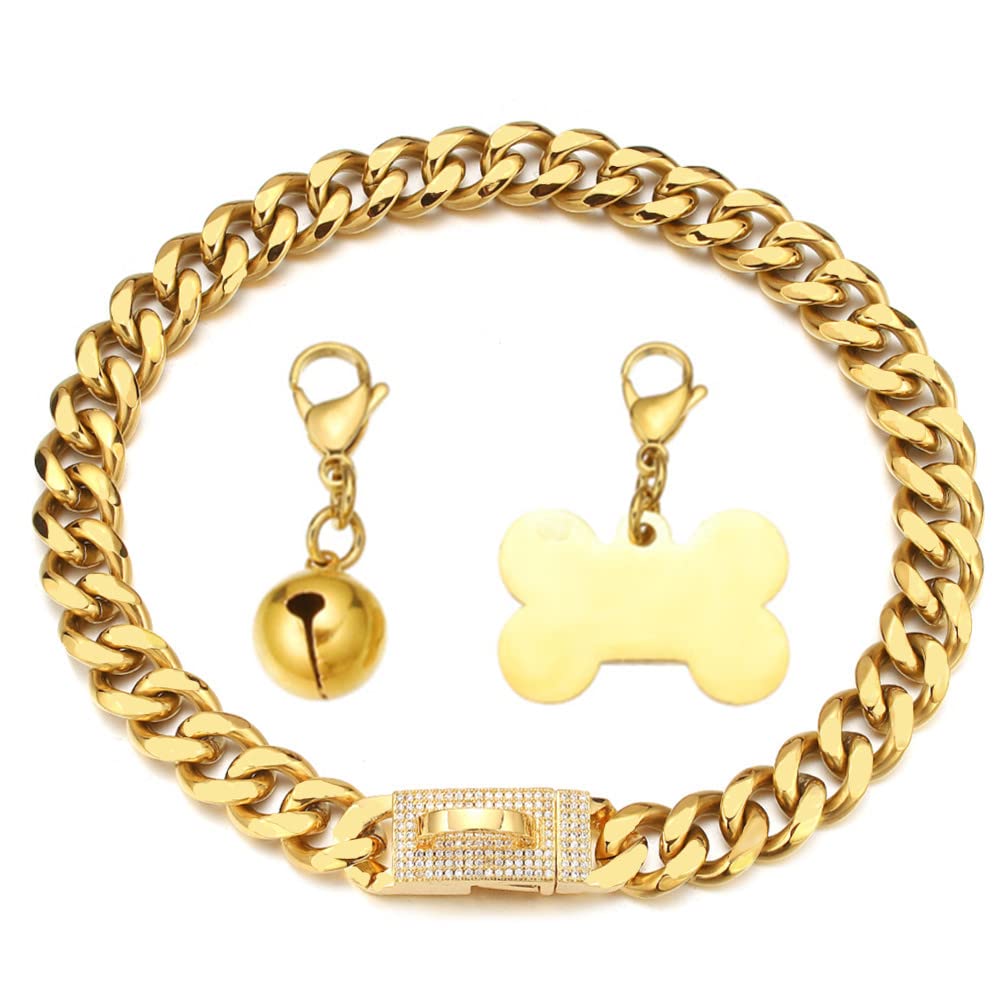 RUMYPET زنجیر طلای سگ با طرح زنجیر کوبایی 18K با بکل طراحی سوزن کیفیت بالا با اندازه ۱۵ میلی‌متر و ۱۹ میلی‌متر از جنس استیل ضد خوردگی دندانی برای سگ ۱۰-۲۶ اینچ ( ۱۵ میلی‌متر، ۲۶ اینچ) طلا ۲۶ اینچ (اطراف گردن: ۲۴ تا ۲۵.۵ اینچ)