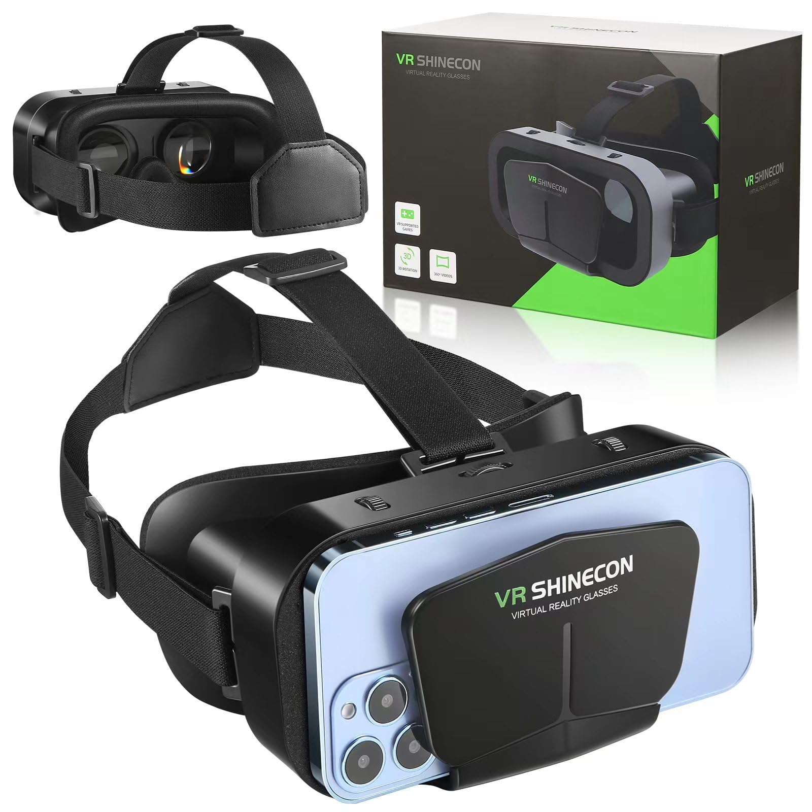 هدست واقعیت مجازی VR SHINECON با لنز ۳بعدی و توانایی استفاده برای تماشای تلویزیون، فیلم‌ها و بازی‌های ویدیویی. سازگار با سیستم‌عامل‌های iOS و Android و قابل استفاده برای دستگاه‌های با اندازه‌ی ۴.۷ تا ۷ اینچ.