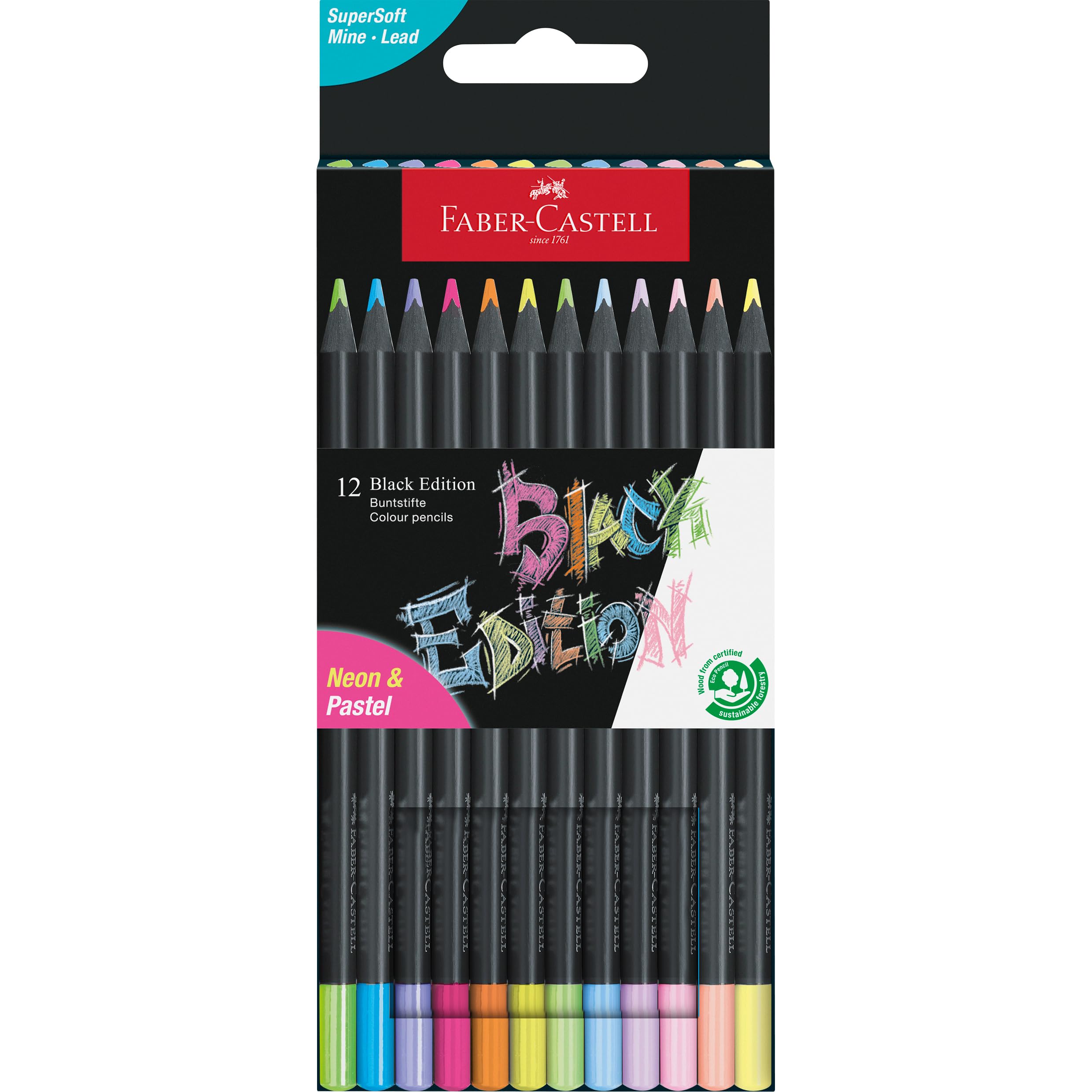 مداد رنگی نسخه سیاه Faber-Castell با 12 رنگ نئون + پاستل، سر نرم برای اثرات عالی، مجموعه‌ای انتخابی از 12 عدد (بسته‌ی ۱ عدد) با قاب کارتن