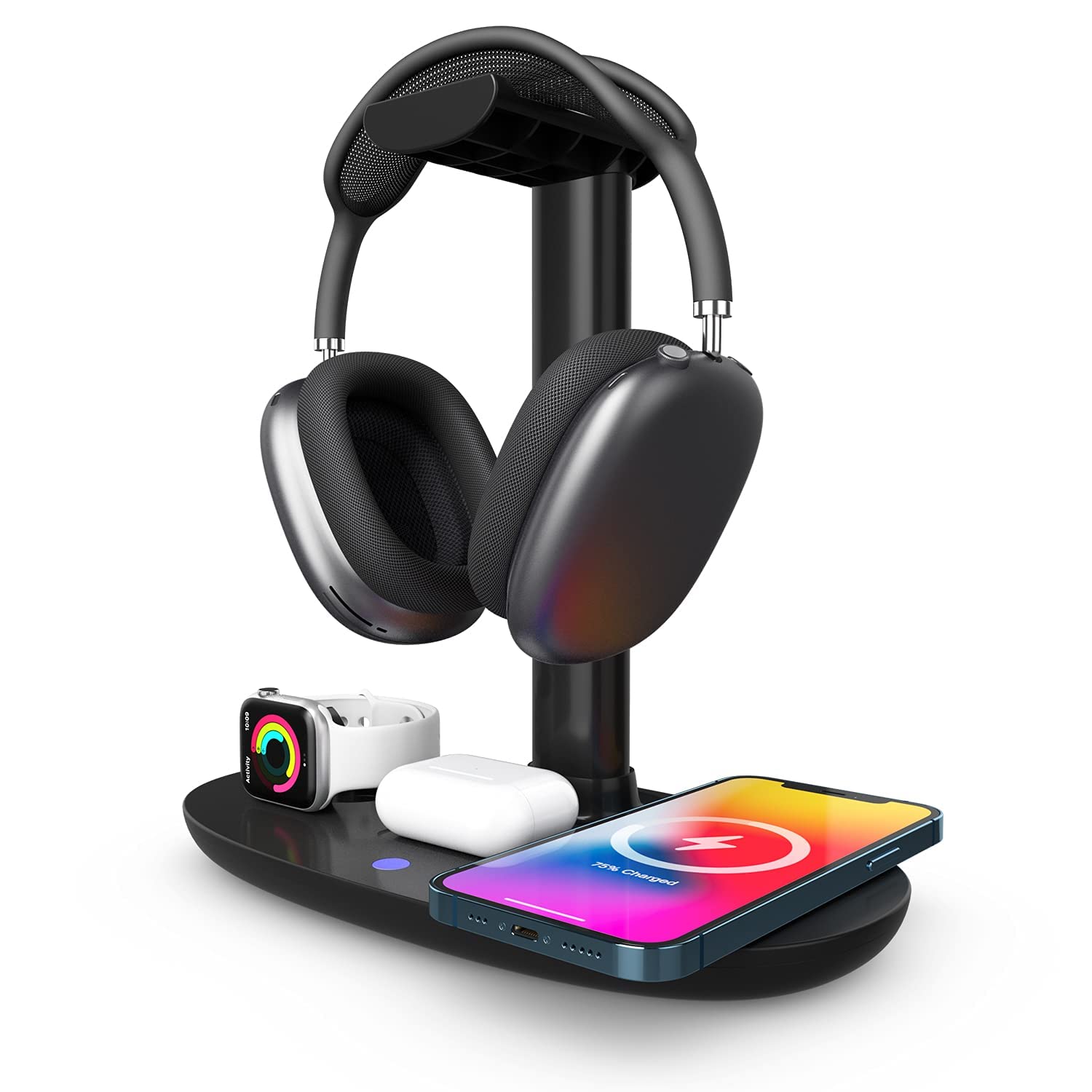 پایه هدفون KASTWAVE با شارژر بی‌سیم، ایستگاه شارژ سریع 4 در 1 برای AirPods Max/Pro/2 iWatch 7/6/5/4/3/2/1/SE و iPhone 13/12/11/XS/XR/X/8 Series برای میز رایانه و بازی - رنگ مشکی