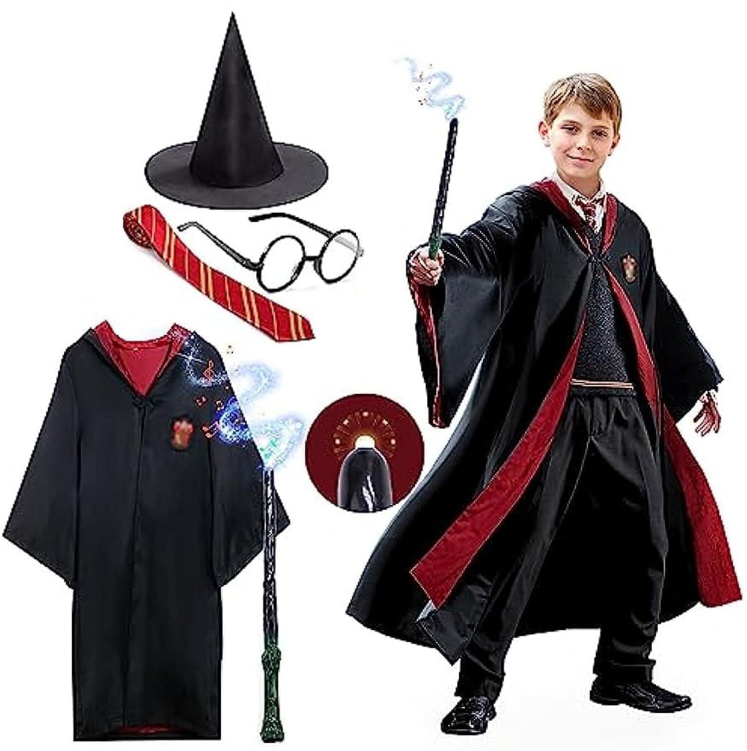 مجموعه کسپلی پنج تایی SKADE Wizard برای مهمانی هالووین، کریسمس، تولد پسران و دختران، کراوات راه‌راه، فریم عینک، کلاه جادوگر، چوب جادو XXL، کودکان