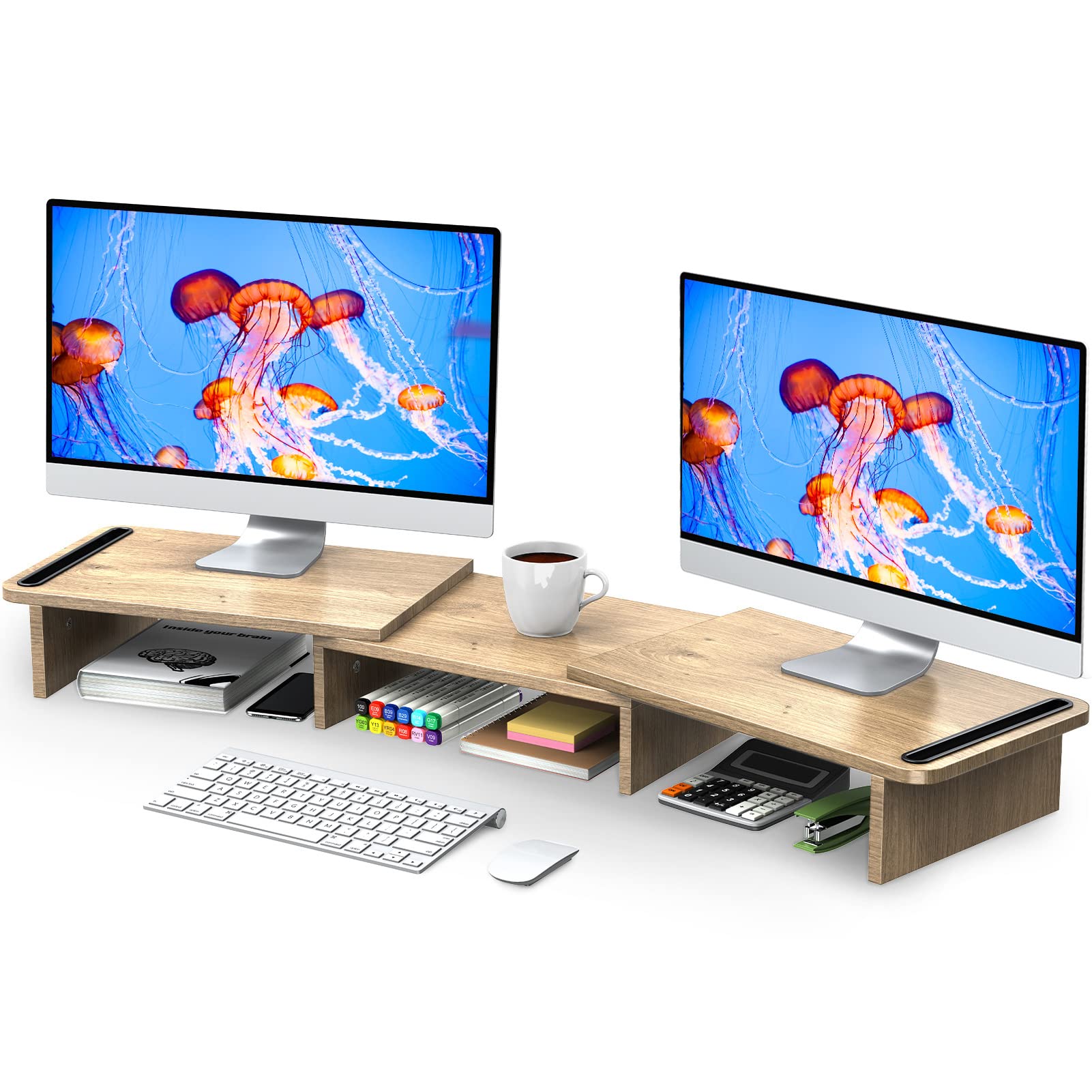 استند دوگانه زیمیلار برای مانیتور، استند مانیتور با طول و زاویه قابل تنظیم، استند مانیتور چوبی برای میز، استند مانیتور برای 2 مانیتور با فضای ذخیره‌سازی (بزرگ سنگل قهوه‌ای)