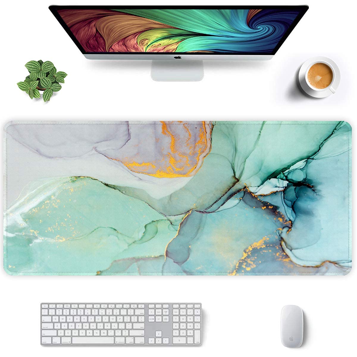 موس پد بازی بزرگ KASTWAVE Marble Extended، ماشین حساب لپ تاپ ماشین مجازی با پایه ضد لغزش لبه دوخته شده برای دفتر کار بازی، 35.5 × 15.7 اینچ (مرمر سبز)