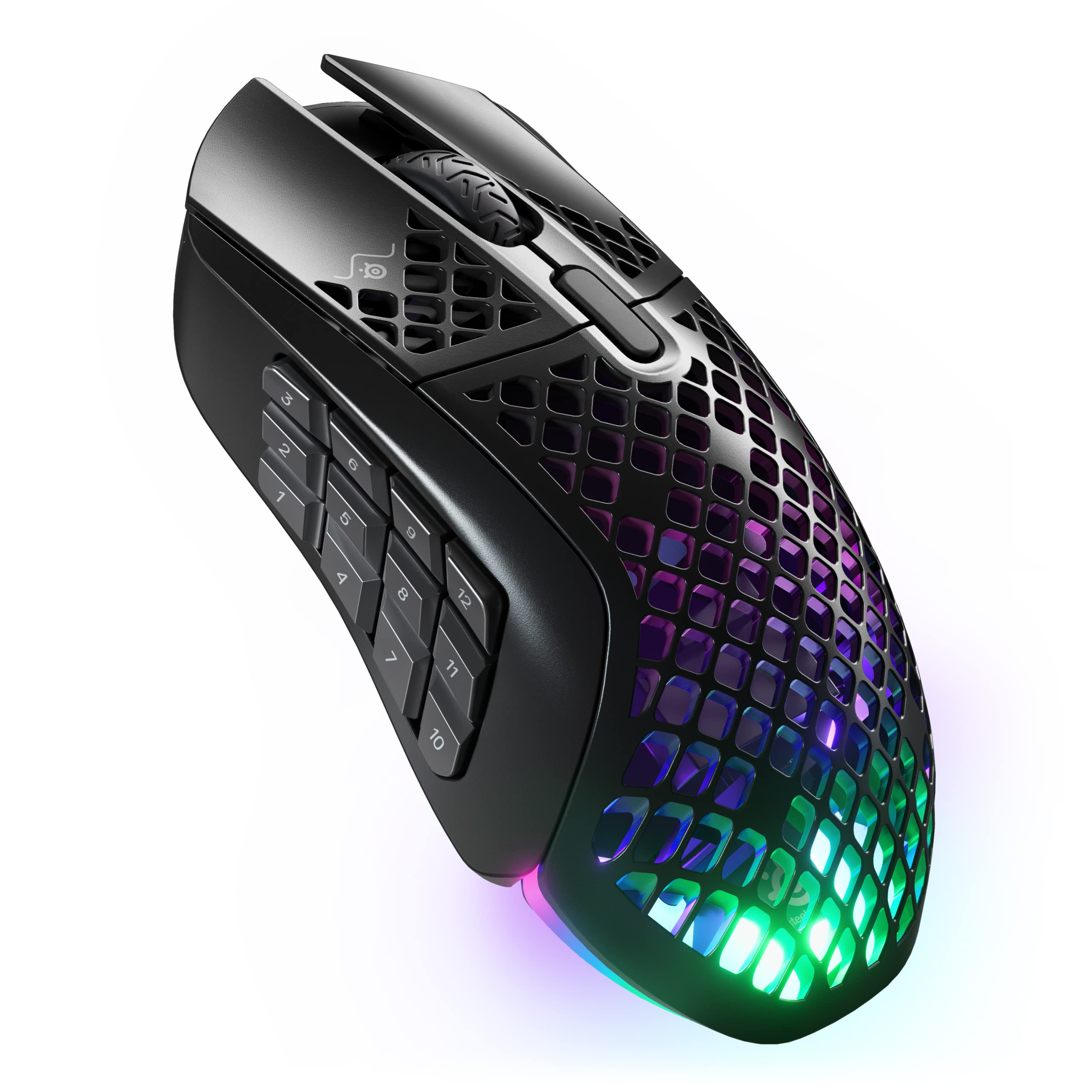 موشواره بازی بی‌سیم SteelSeries Aerox 9 - بسیار سبک - 89 گرم - 18 دکمه قابل برنامه‌ریزی - بلوتوث/2.4 گیگاهرتز - مقاوم در برابر آب IP54 - باطری 180 ساعته، رنگ مشکی موشواره بی‌سیم Aerox 9 مناسب MMO/MOBA