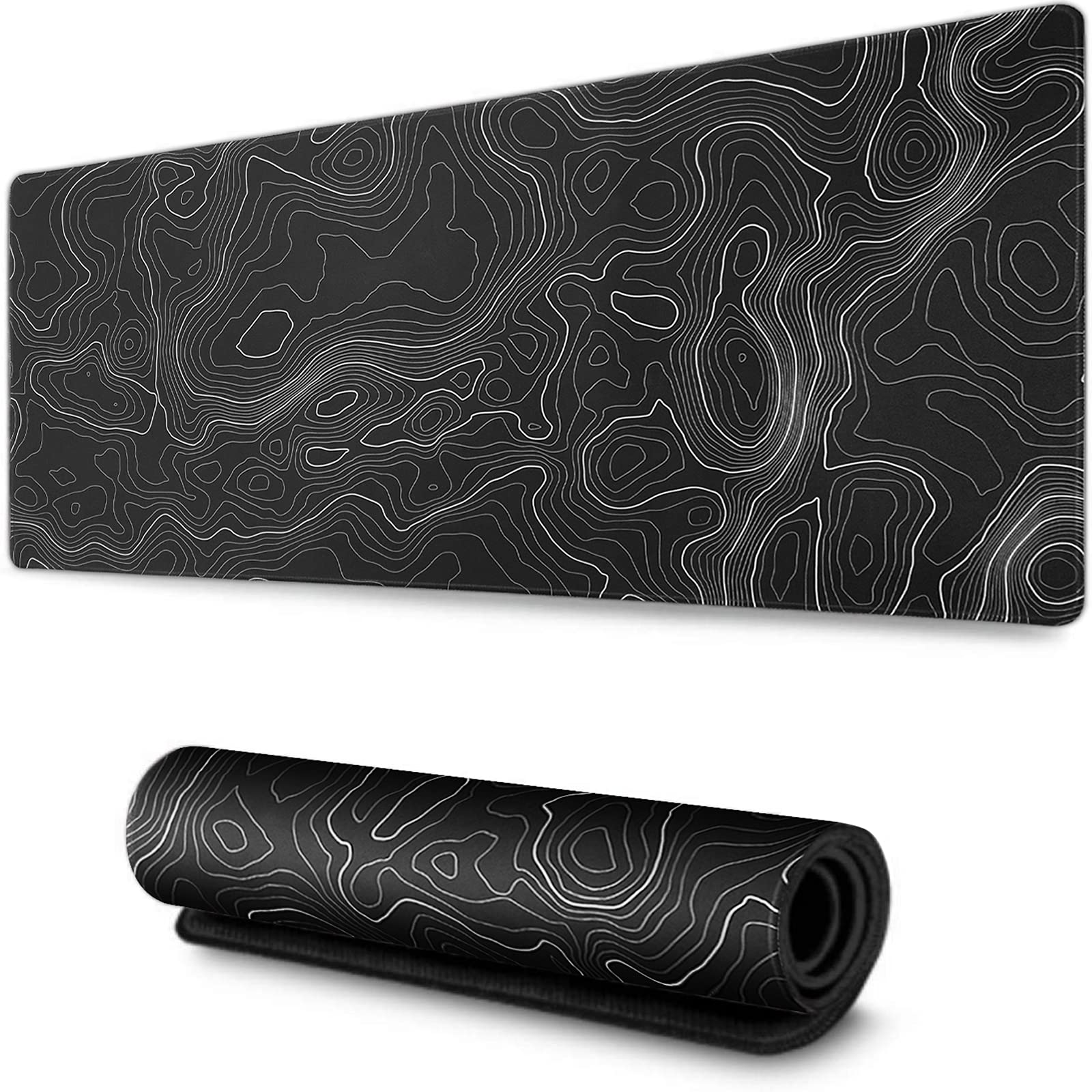 سلفر Mouse Pad بزرگ (29.5x16in) موس بازی گسترده با پایه لاستیکی ضد لغزش، زمینه نقشه توپوگرافیک خطوط کنتور جغرافیایی برای بازی دفتر کار لپ تاپ کامپیوتر مردان زنان، مشکی مشکی 29.5"x16"