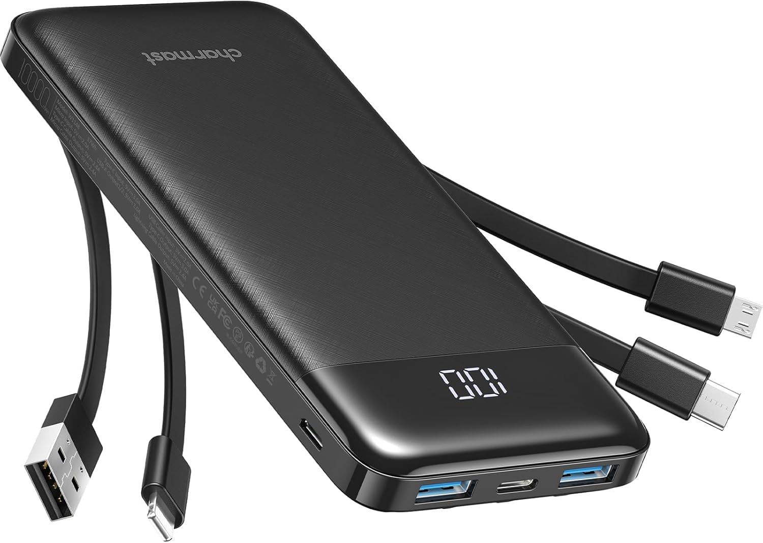 پاور بانک Charmast با کابل داخلی، باتری 10000 میلی آمپر USB C باتری با 6 خروجی ورودی 2 با نمایشگر LED نوع C پاوربانک شارژر قابل حمل سازگار با گوشی هوشمند، تبلت و دیگر دستگاه‌ها (مشکی)