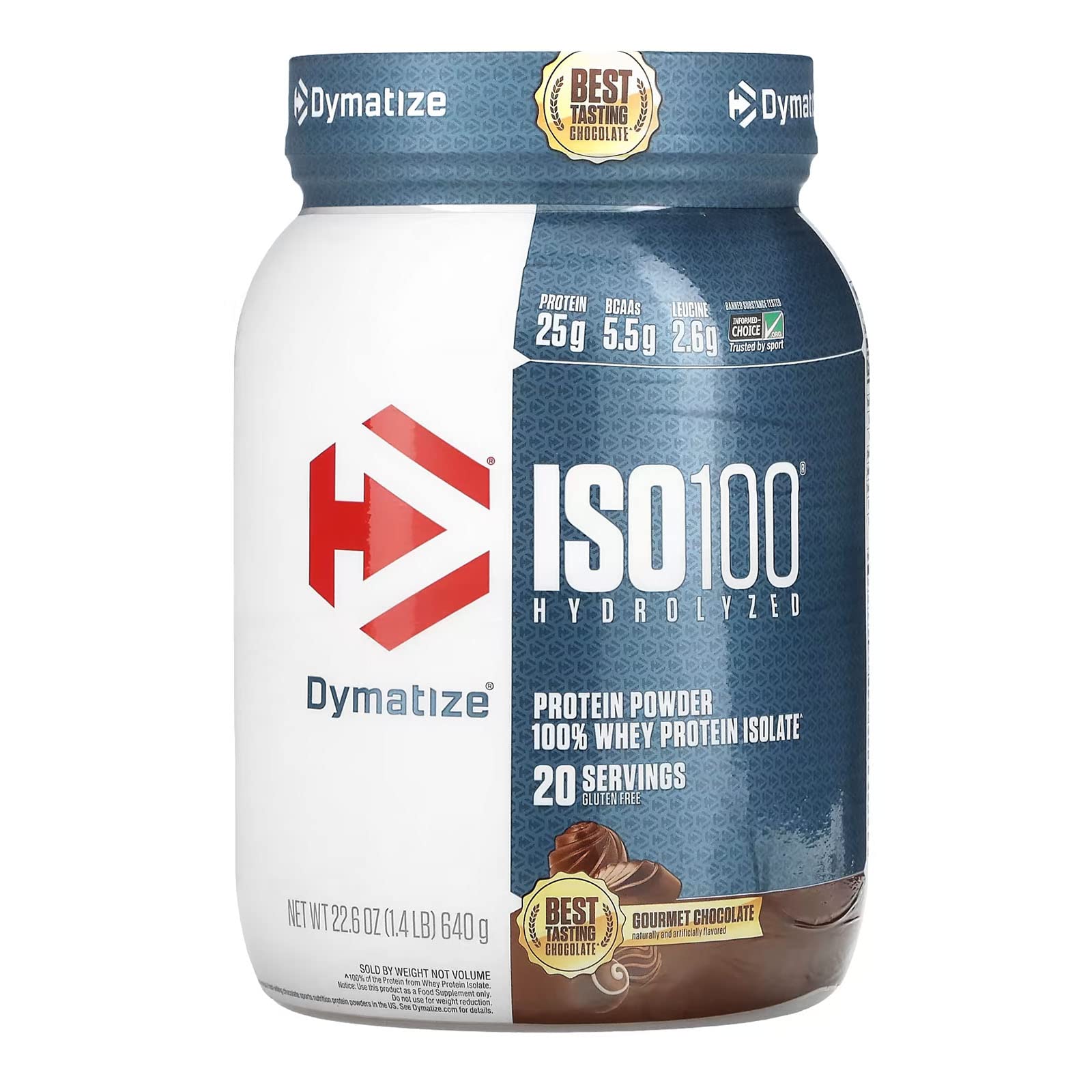 پودر پروتئین هیدرولیز شده Dymatize ISO100 ، پروتئین وی ایزوله 100٪ ، 25 گرم پروتئین ، 5.5 گرم BCAAها ، بدون گلوتن ، به راحتی جذب شده ، به راحتی هضم می‌شود ، شکلات فرآوری شده ، 20 سرویس
