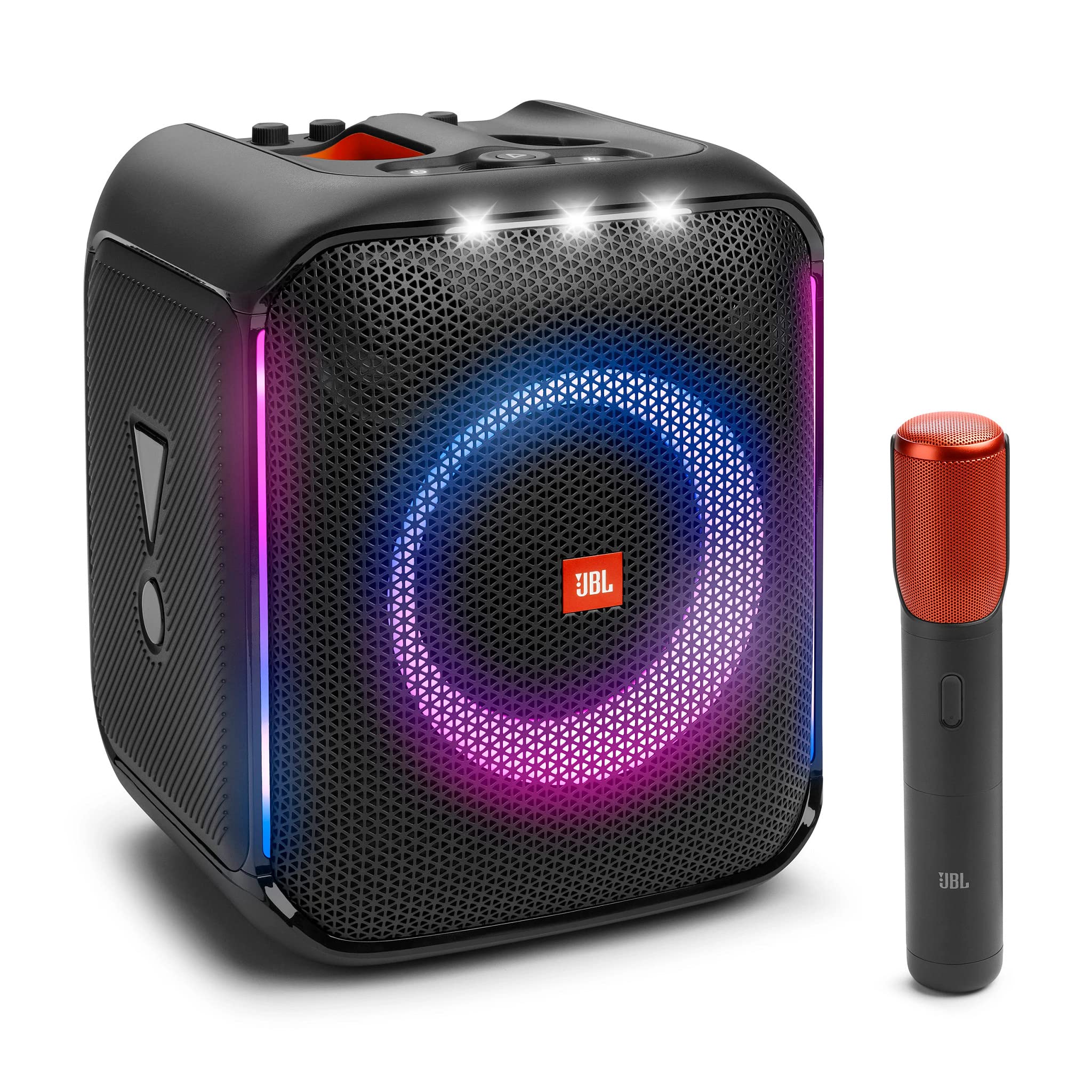 بلندگو قابل حمل JBL Partybox Encore با میکروفون بی‌سیم دیجیتال، صدای قدرتمند 100 وات، نمایش نور پویا، ضد آب IPX، 10 ساعت پخش، پخش چند منبع سیاه - (JBLPBENCORE1MICUK)