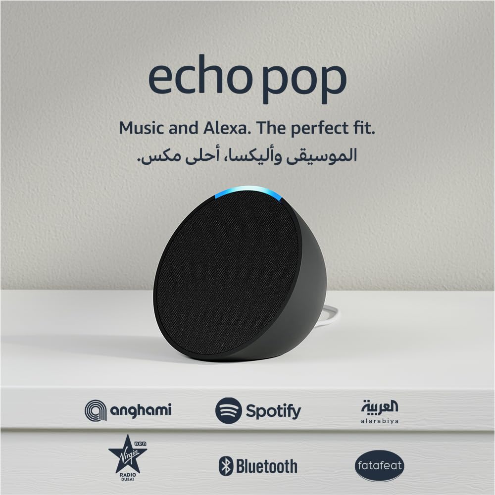 اسپیکر هوشمند وای فای و بلوتوث مدل Echo Pop | با صدای پر وقت و فشرده | با پشتیبانی از الکسا | استفاده از صدای خود برای کنترل دستگاه‌های هوشمند خانه، پخش موزیک یا قرآن و ... | (قابلیت مکالمه به زبان انگلیسی و خلیجی) | رنگ زغالی