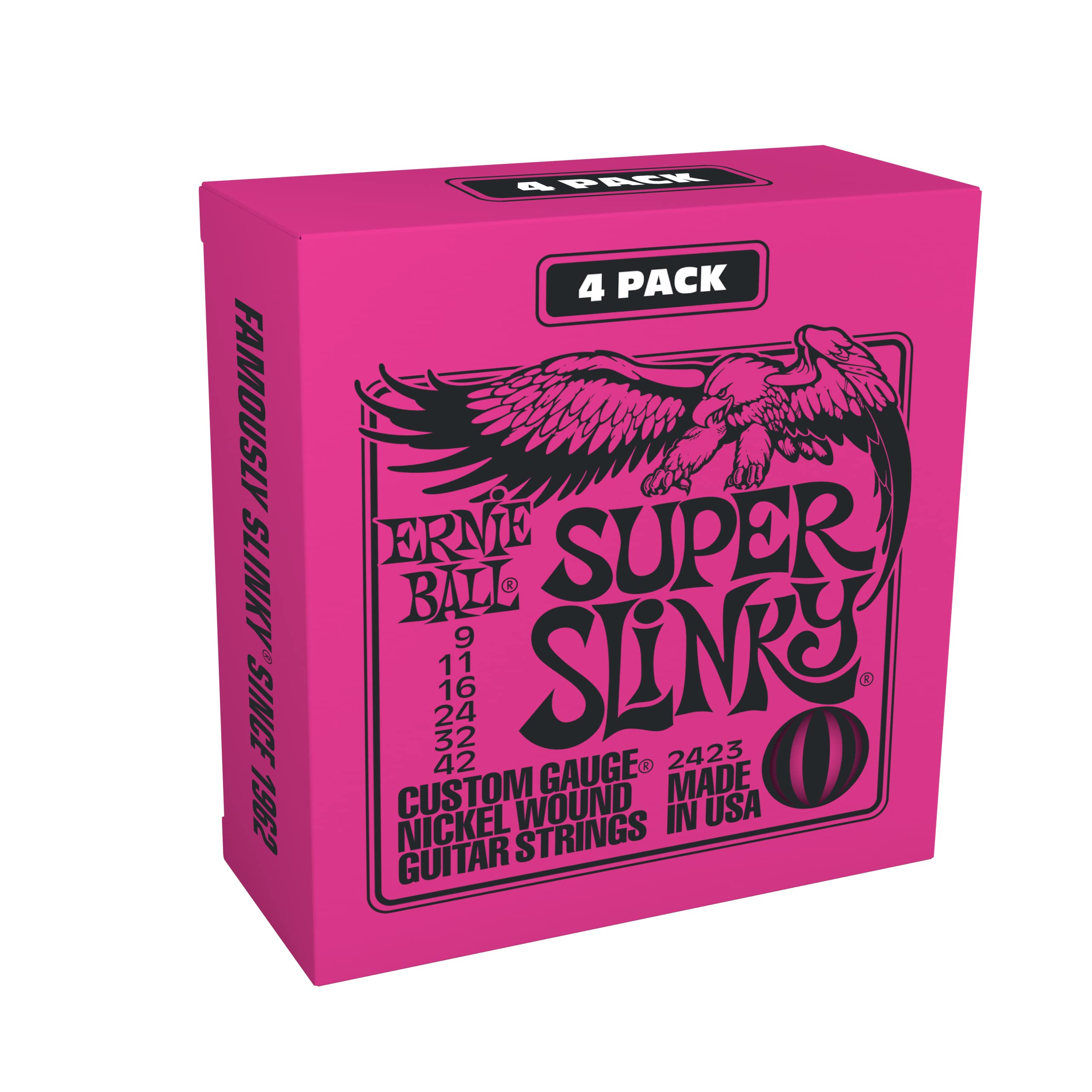 {
  "نام": "Ernie Ball Super Slinky Nickel Wound Electric Guitar Strings Pack of 4",
  "اندازه": "9-42 Gauge",
  "تعداد": "4-Pack Super (9-42)"
}