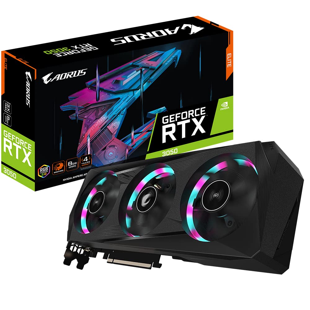 کارت گرافیک GIGABYTE AORUS GeForce RTX 3050 Elite 8G، دارای ۳ فن WINDFORCE، ۸ گیگابایت حافظه GDDR6 با رابط ۱۲۸ بیتی، مدل GV-N3050AORUS E-8GD