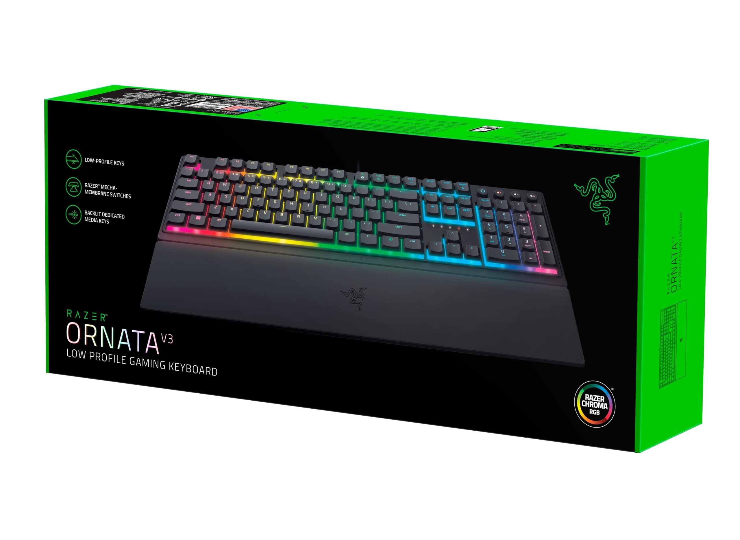 کیبورد Razer Ornata V3 Low Profile با Mecha-Membrane و Razer Chroma RGB (سوئیچ هیبرید Mecha-Mecha، کاور کلید UV، ریست مچ دست نرم لمس مغناطیسی، RGB) طرح IT، مشکی تک‌تکه