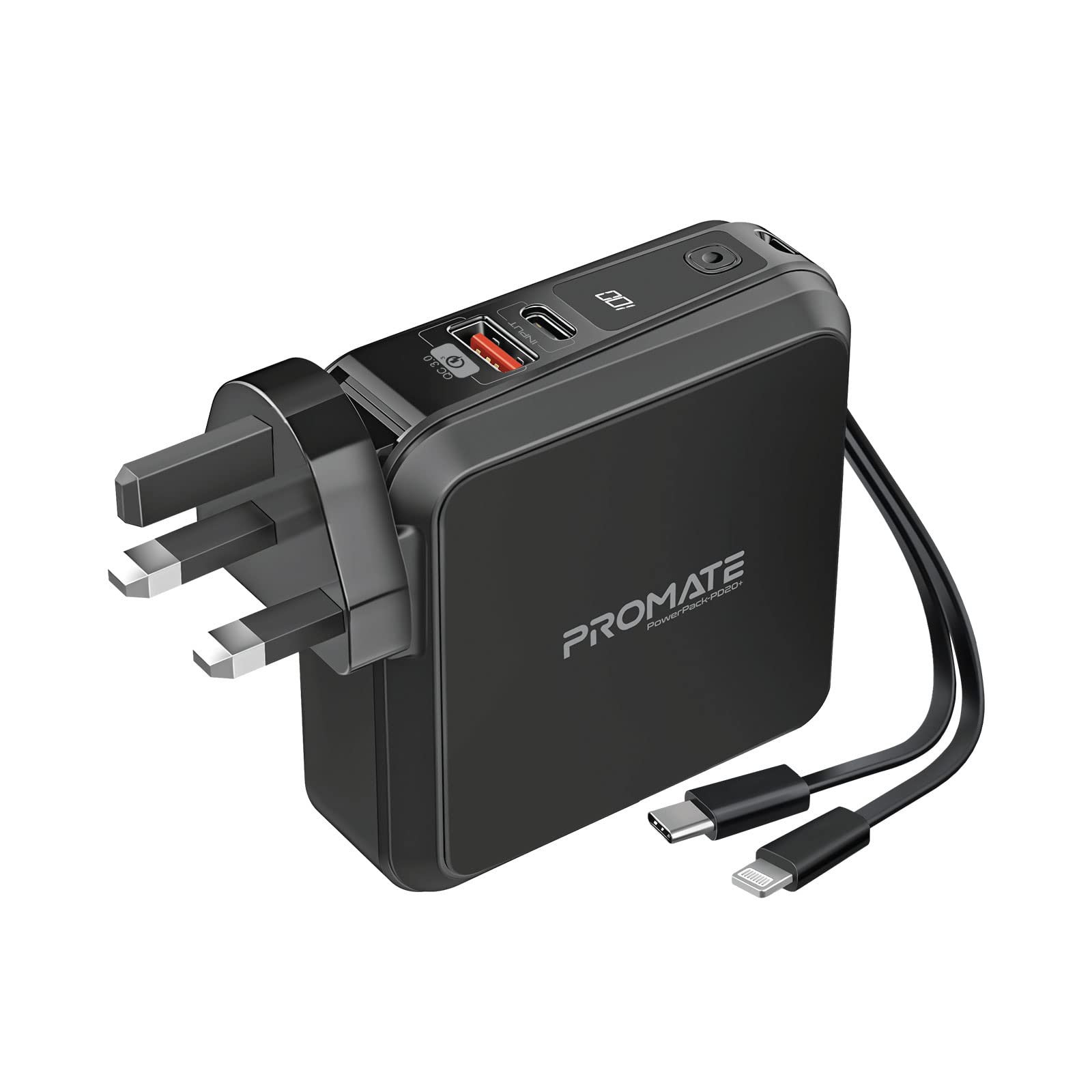 پاوربانک پرومیت، شارژر قابل حمل 15000mAh با پلاگ AC، نگهدارنده گوشی، کابل توانبخش USB-C با توان 22.5 وات، پورت USB QC 3.0، پاورپک-PD20+ مشکی