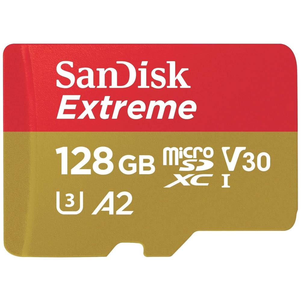 کارت SanDisk 128GB Extreme microSDXC برای دوربین‌های اکشن و پهپادها + آداپتور SD + RescuePRO Deluxe، تا 190 مگابایت بر ثانیه، با عملکرد اپلیکیشن A2، UHS-I، کلاس 10، U3، V30