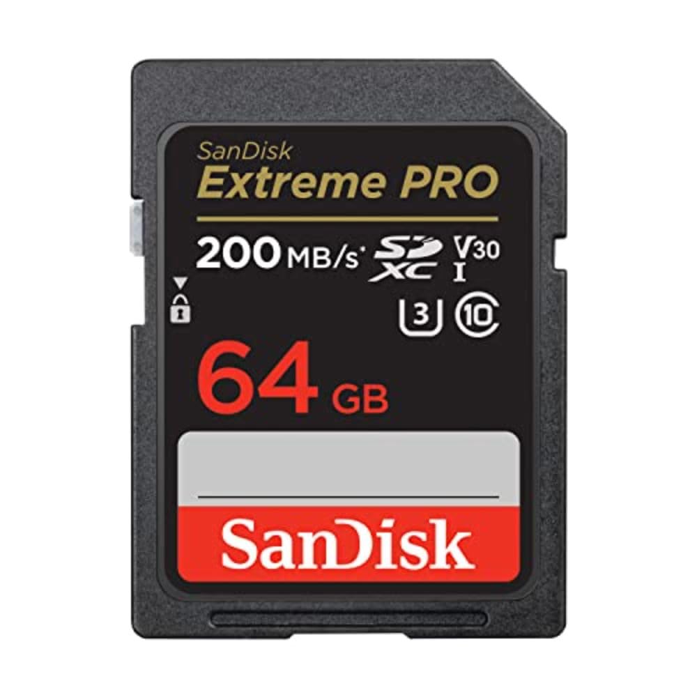 کارت SanDisk 64GB Extreme PRO SDXC + RescuePRO Deluxe، تا سرعت 200 مگابایت بر ثانیه، UHS I، کلاس 10، U3، V30 SDSDXXU 064G GN4IN، مشکی