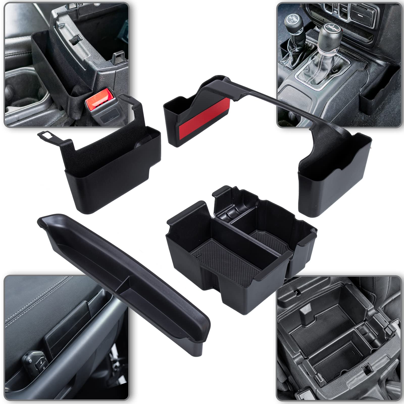 محصول Neepiar 4PCS Gear Shift Side Tray Organizer، سازگار با جیپ رنگلر JL JLU & گلادیاتور JT 2018-2024، صوانی ساید شیفت مرتب کننده مواد، قابلیت های داخلی صندوق ذخیره‌سازی کنسول میانی و جا دستیار بازو