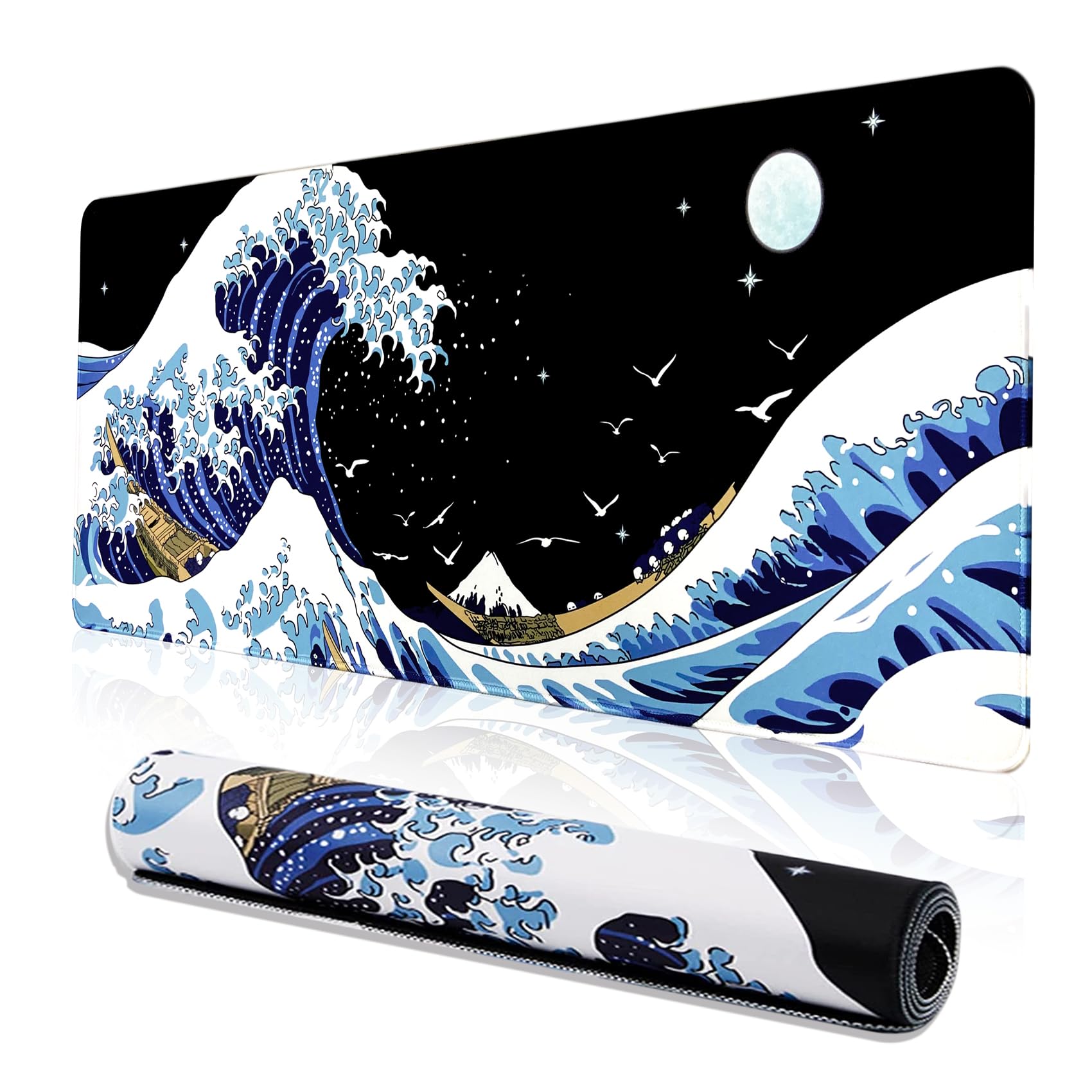 موس پد بازی بزرگ MEWOOCUE XXXL ، پد میز دریایی Sea Wave بزرگ پی سی کیبرد ضدآب و ضد لغزش 34.65 × 15.75 اینچ 3 میلیمتر ضخیم توپچی میز رابر Kanagawa Surfing و مشکی