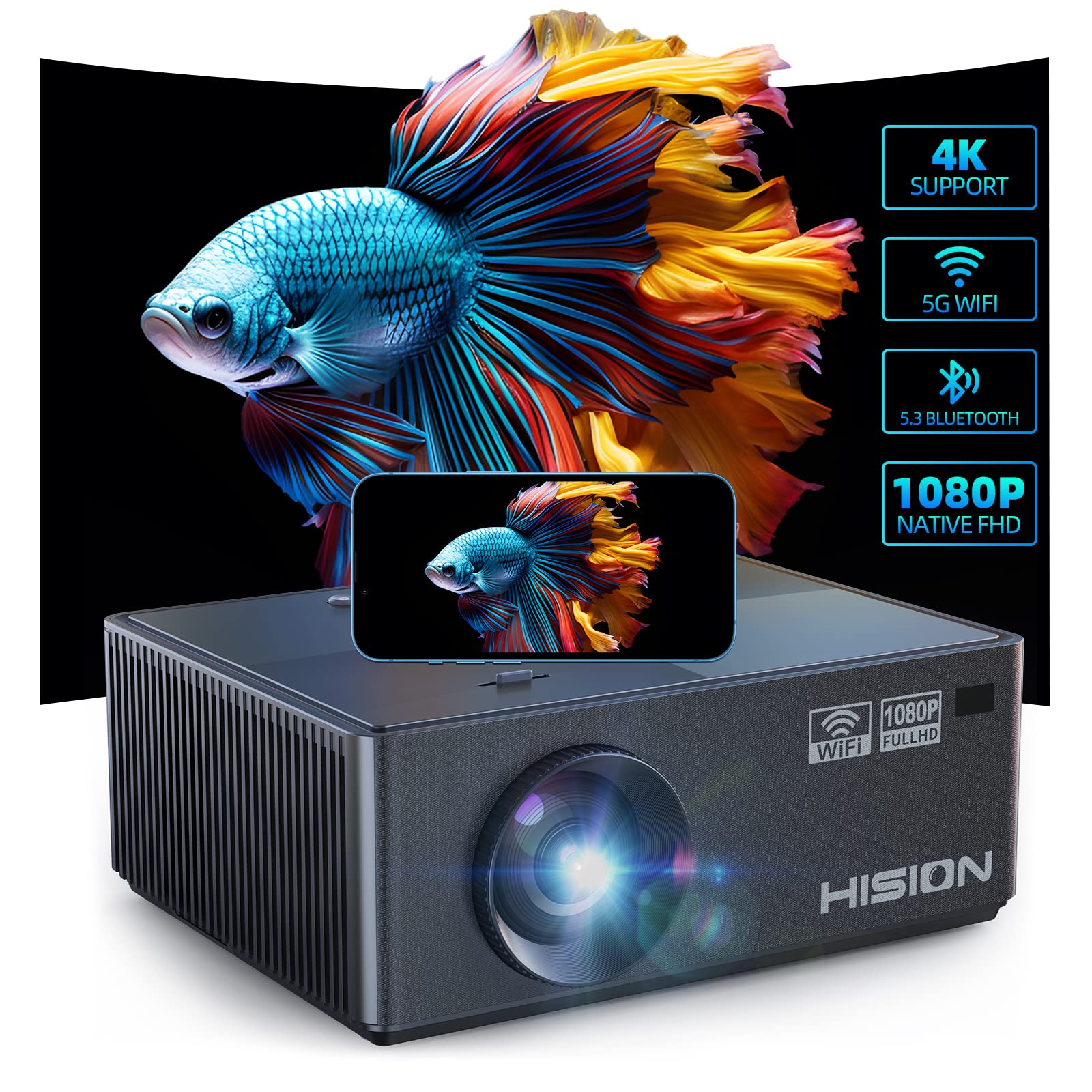 HISION پروژکتور 4K WiFi بلوتوث فضای باز: پروژکتورهای بی‌سیم 5G Full HD 1080P بازی ویدیویی 10000L هوم تئاتر خانگی سازگار با آیفون با تی ولک، تلفن همراه، لپ تاپ، کامپیوتر شخصی و PS5 مشکی