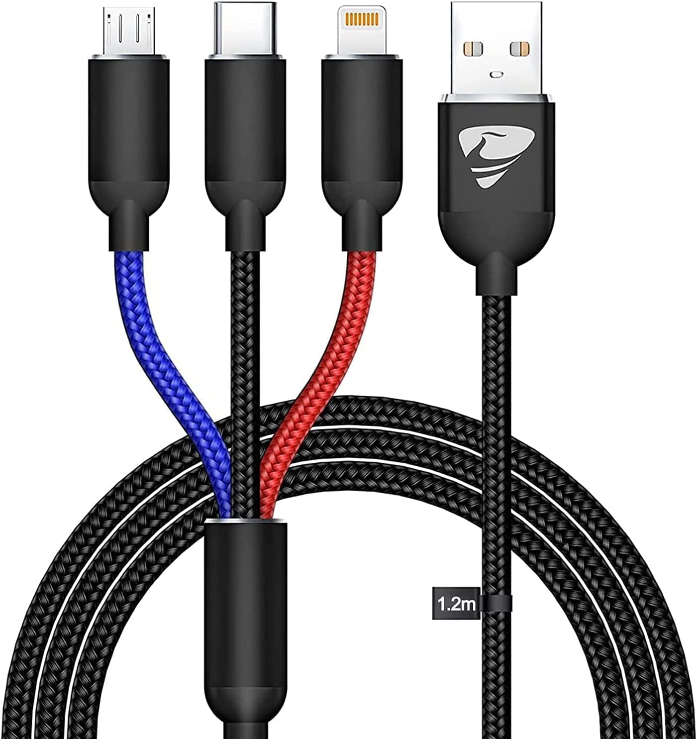 کابل شارژ چند منظوره Aioneus 4 پا 3 در 1، USB نوع C، Micro USB، لایتنینگ، شارژ سریع، سازگار با آیفون 13/12/11، سامسونگ گلکسی S21/S20/S10/S9/S8/S7، دستگاه‌های اندروید 1.2 متر - رنگ مشکی