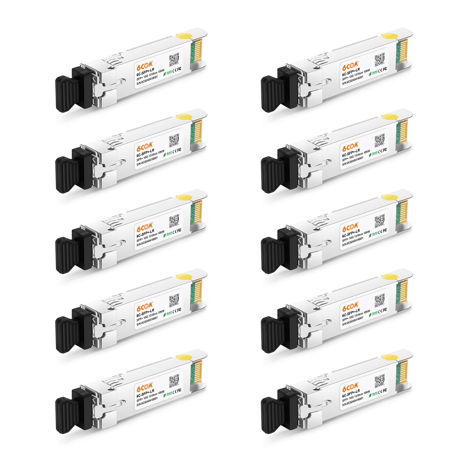 6COM 10 بسته تبادل‌کننده 10GBase-LR SFP+، ماژول 10G LC Single Mode برای Cisco SFP-10G-LR، Meraki MA-SFP-10GB-LR، Ubiquiti UF-SM-10G، Mikrotik، D-Link، Supermicro، Netgear DDM، 1310nm، 10km 10 بسته 10GBase-LR: 10km