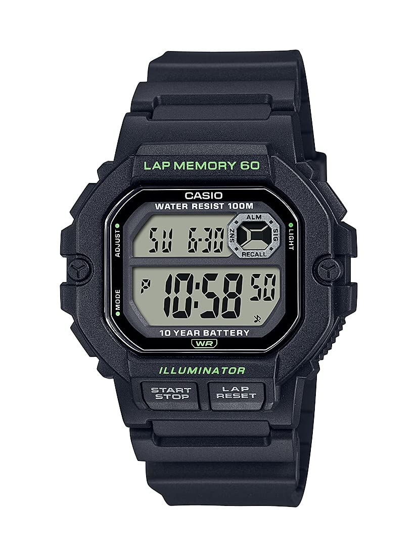 مدل‌های ساعت دیجیتال Casio WS1300H | مقاوم در برابر آب تا عمق ۱۰۰ متر | نور پس‌زمینه LED | کرونومتر ۱/۱۰۰ ثانیه‌ای | نمودار جلوگیری از موج | تایمر شمارش معکوس | چراغ LED | زنگ هشدار چند منظوره | باطری ۱۰ ساله | مشکی WS1400H-1AV