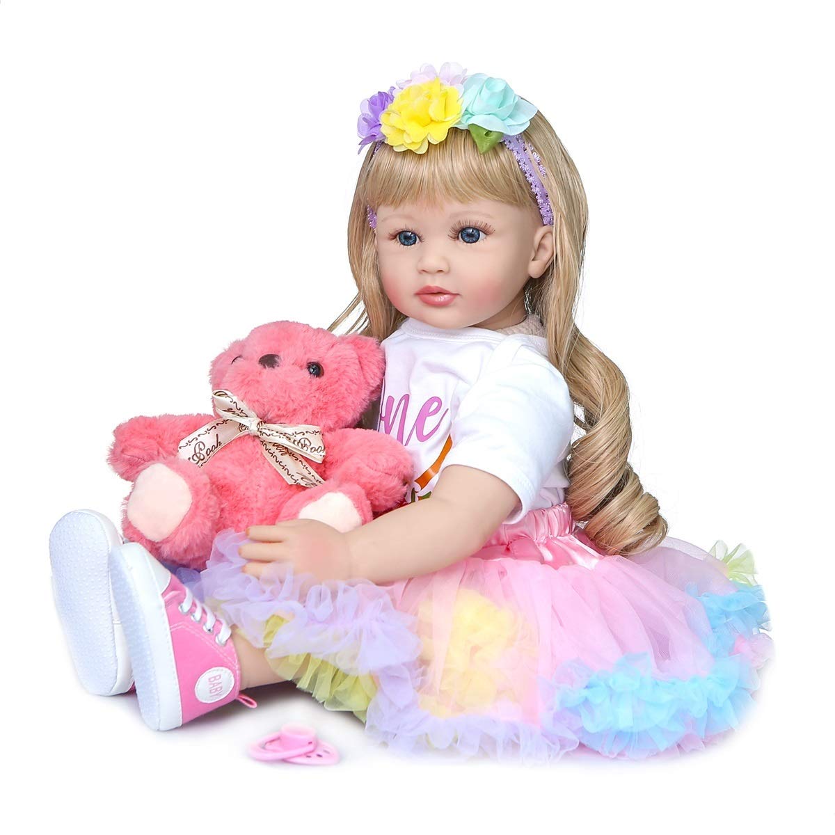ROSHUAN Lifelike Toddler Reborn Doll Silicone 24 Inch Realistic Reborn Baby Doll Girl Blonde Curly Hair Blue Eyes Soft Cloth Body for Girls Birthday Gift 24 Inch Reborn Toddler Doll Girl White