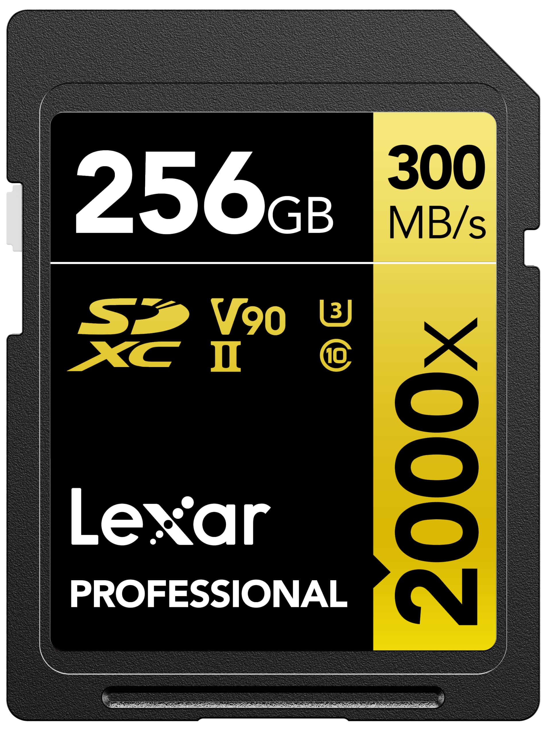 کارت‌های حرفه‌ای Lexar Professional 2000x SDHC SDXC UHS II، سیاه و زرد، 256 گیگابایت