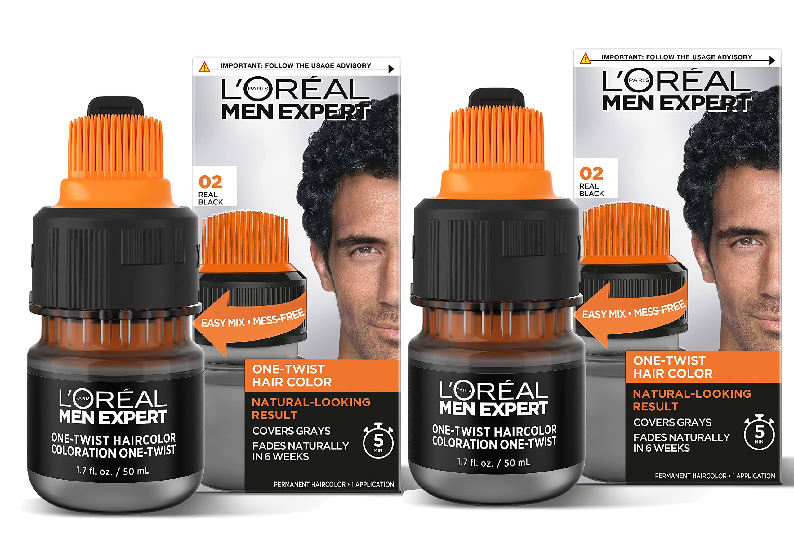 رنگ موی یک گامه L'Oreal Paris Men Expert، بدون نیاز به مخلوط کردن، بدون هرگونه هرج و مرج، فقط بچرخانید، تکان دهید، مالیده و به طبیعتا طی ۶ هفته محو شود، زمان مصرف ۵ دقیقه، بدون آمونیاک، بسته‌بندی قابل بازیافت ۱۰۰٪، مشکی واقعی ۰۲، ۲ کیت ۰۲ مشکی واقعی/H55 ۱.۷ اونس مکعب (بسته‌ای دو رنگ مشکی واقعی)