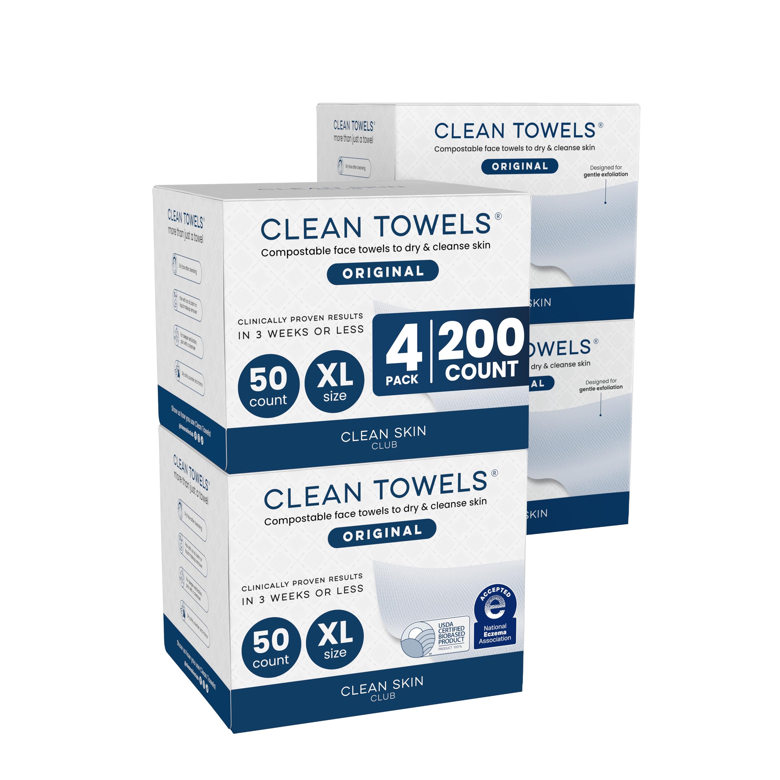 پارچه‌های CLEAN SKIN CLUB سایز XL، با گواهی USDA 100٪ قابل تجزیه بیولوژیکی و تأیید شده توسط پوست‌درمان صورت، دارای 200 عدد ملحفه یکبار مصرف برای تمیز کردن آرایش، شستشوی صورت، بسته 4 عددی، هر بسته شامل 50 عدد (تعداد 1) 200 عدد (4 بسته به 50 عدد)