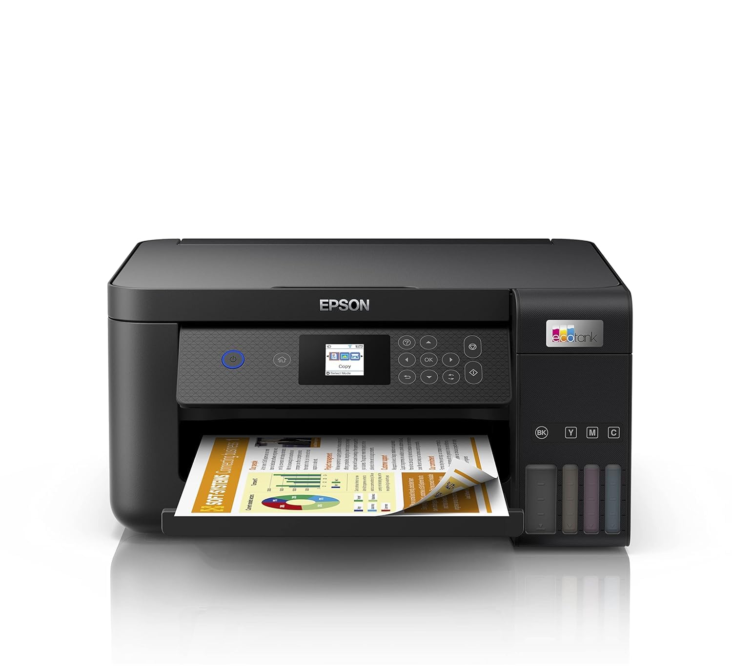 پرینتر خانگی جوهرافشان Epson EcoTank L4260 با تکنولوژی جوهرافشانی سیستم خانگی، دارای ویژگی های پرینت دو رویی A4 رنگی 3 در 1 با Wi Fi مستقیم، ارتباط Smart Panel و صفحه نمایش LCD، رنگ مشکی، کوچک