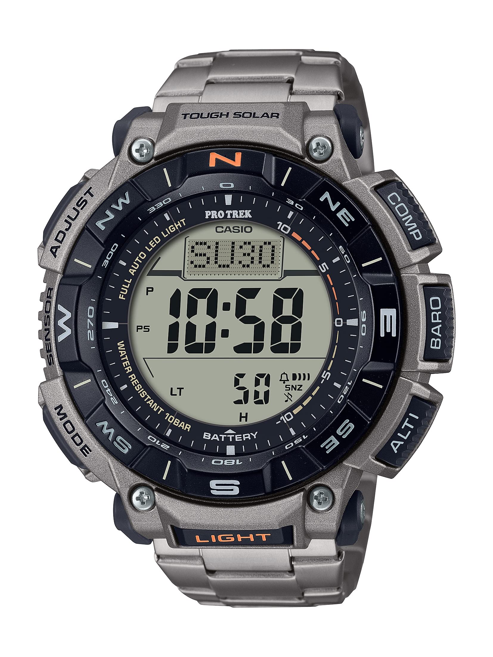 ساعت مردانه Casio Pro Trek با سنسور سه‌گانه Tough Solar و Thermometer Altimeter Barometer Compass با داشتن زمان‌گیری اتمیک - نقره‌ای