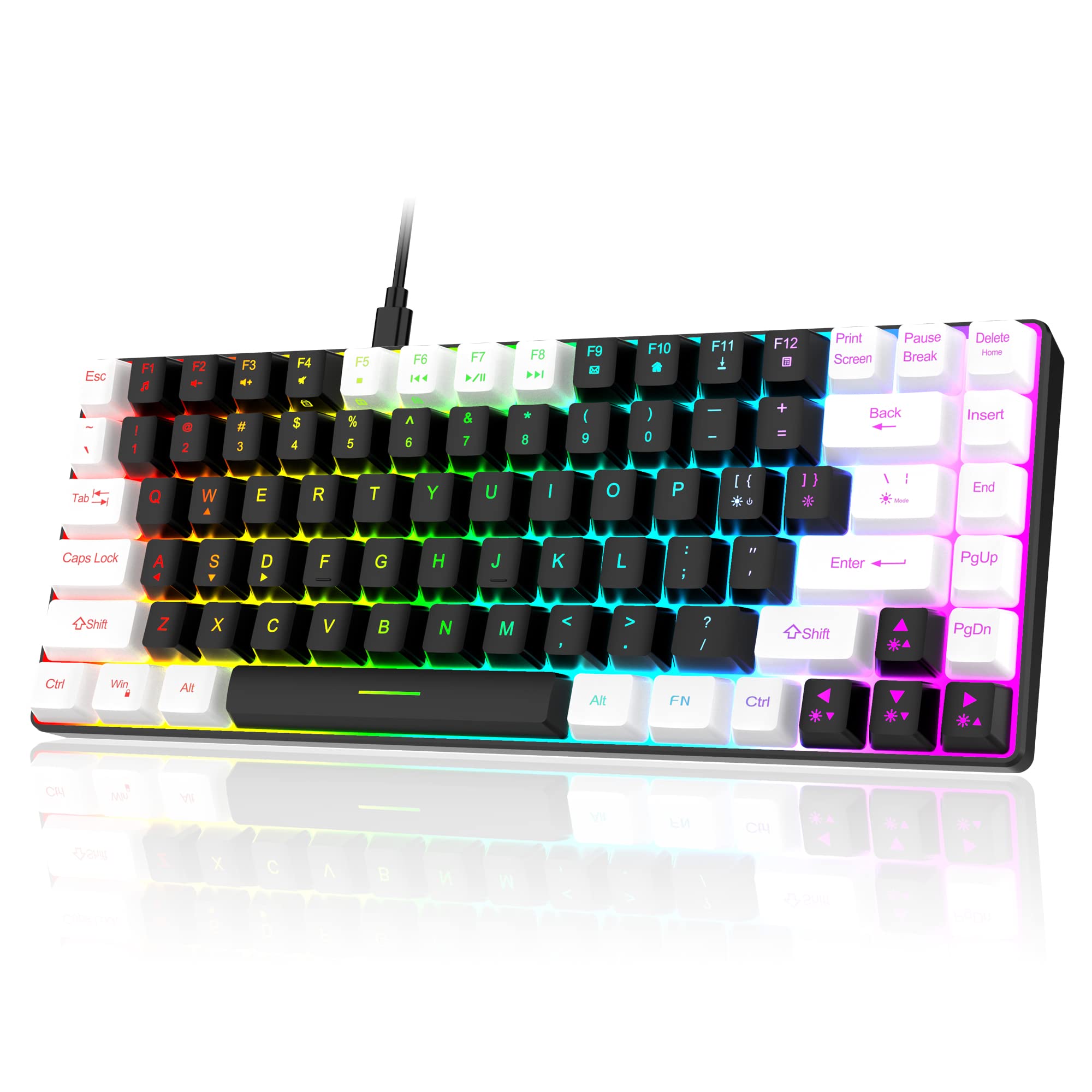 صفحه کلید بازی وایرد 7KEYS Mini 80% TKL، با نور پس‌زمینه RGB حالت 14+، 84 کلید فشرده و قابل حمل برای اداره و بازی با لپ تاپ PC رنگ‌های سیاه و سفید