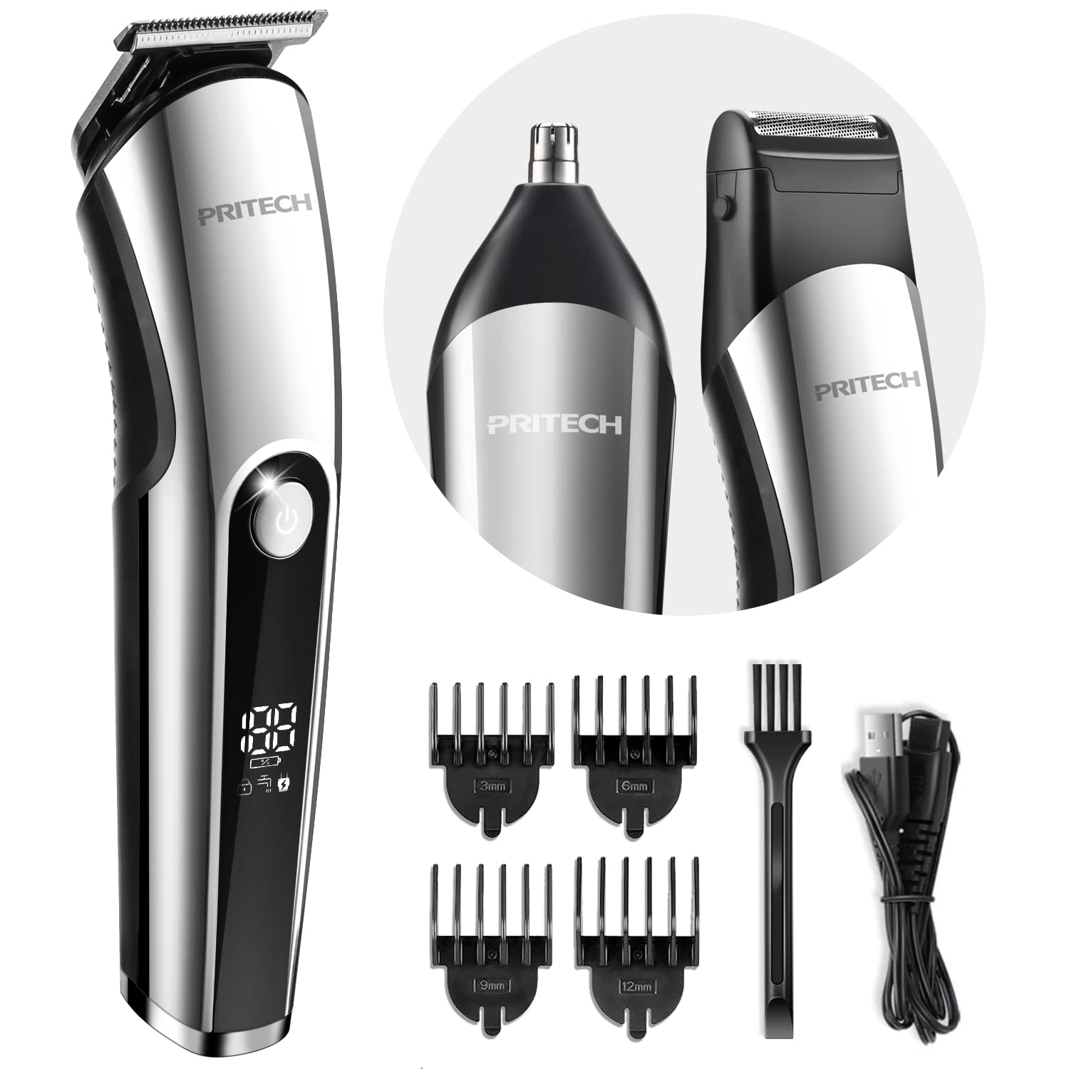 ماشین تراش موی صورت PRITECH برای مردان، 3 در 1 کیت تراش موی مردان، تریمر بینی، تراش میکرو مردان، کیت مراقبت از زیبایی مردان بی‌سیم با نمایش LED IPX6 (نقره‌ای)