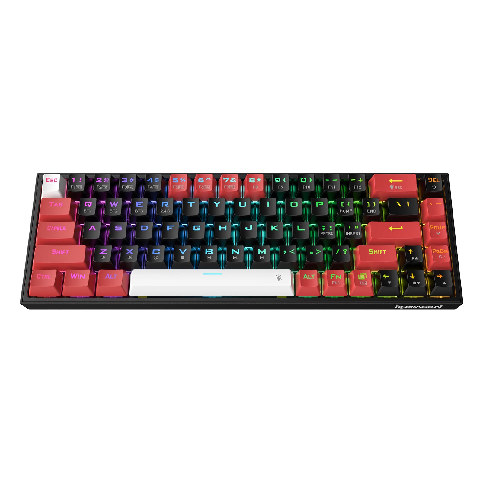 کیبورد بازی بی‌سیم Redragon K631 Pro 65% RGB، 68 کلید، کیبورد مکانیکی کوچک Hot Swappable با پورت PCB اختصاصی و کلیدهای Arrow رایگان، طرح US Layout 65% PRO سیاه و قرمز