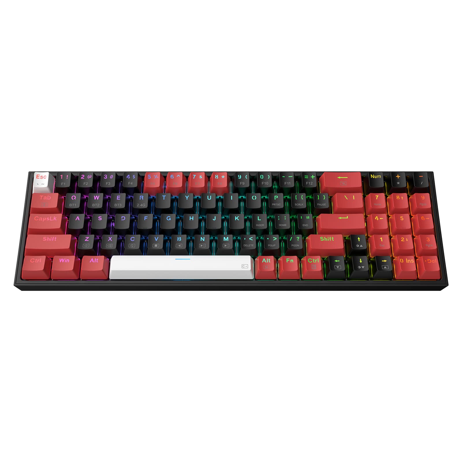 صفحه کلید بازی Redragon K628 PRO 75% با مدل بی‌سیم 3 حالته با نور پس زمینه RGB، دارای 78 کلید صفحه کلید مکانیکی کوچک قابل تعویض با استفاده از کانکتور PCB قابل تعویض، دارای کلیدهای تخصیصی جهت حرکت و تمامیت عددی، با سوئیچ قرمز و طراحی زیبای 75 درصد PRO با رنگ‌های متنوع.