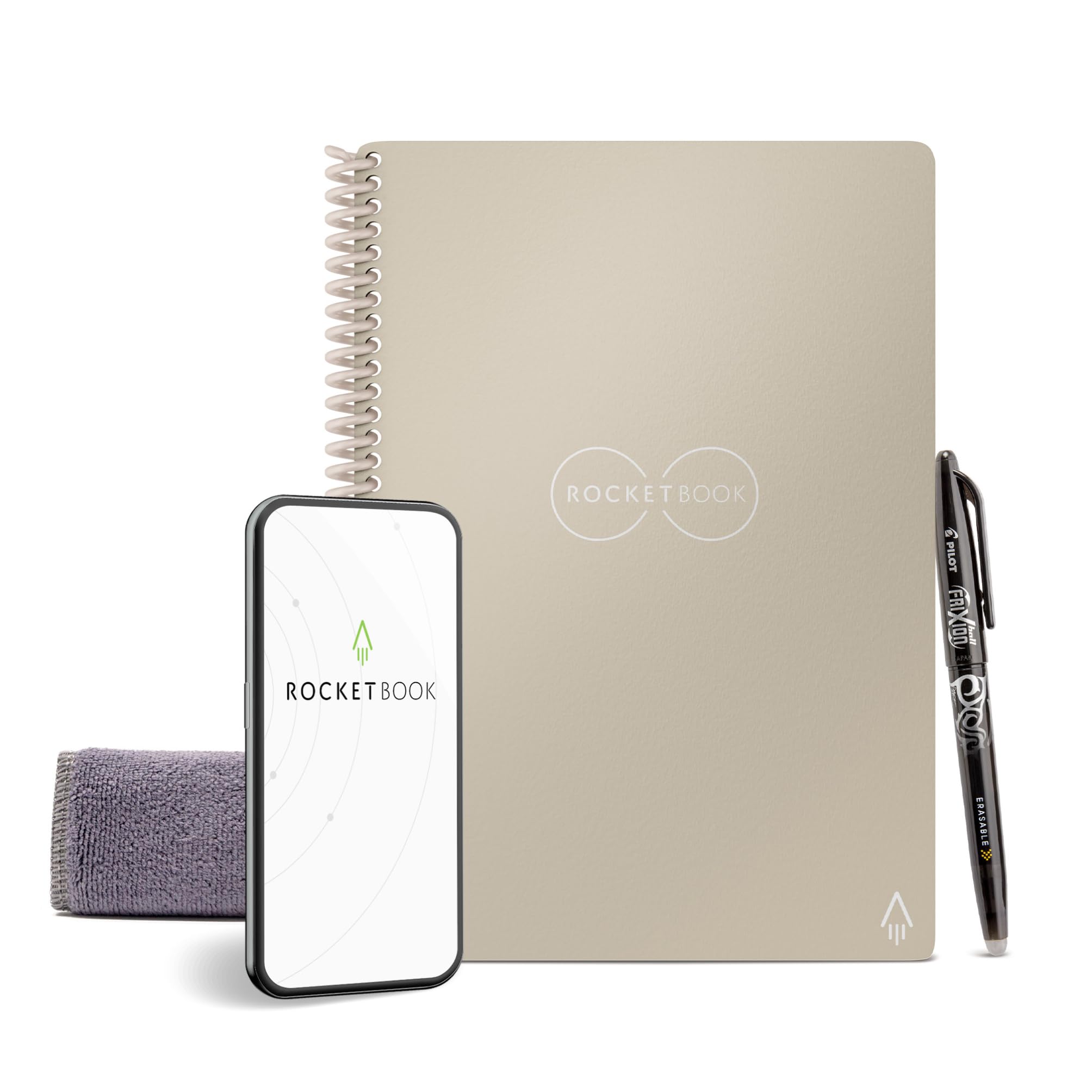 دفتر خطی هوشمند قابل استفاده مجدد Rocketbook Core | دفتر خلاق، صديق محیط زیست، همراه با امکانات اشتراک‌گذاری ابری | خط‌خطی، 15.2 سانتی‌متر x 22.4 سانتی‌متر، 36 صفحه، شن سماوی