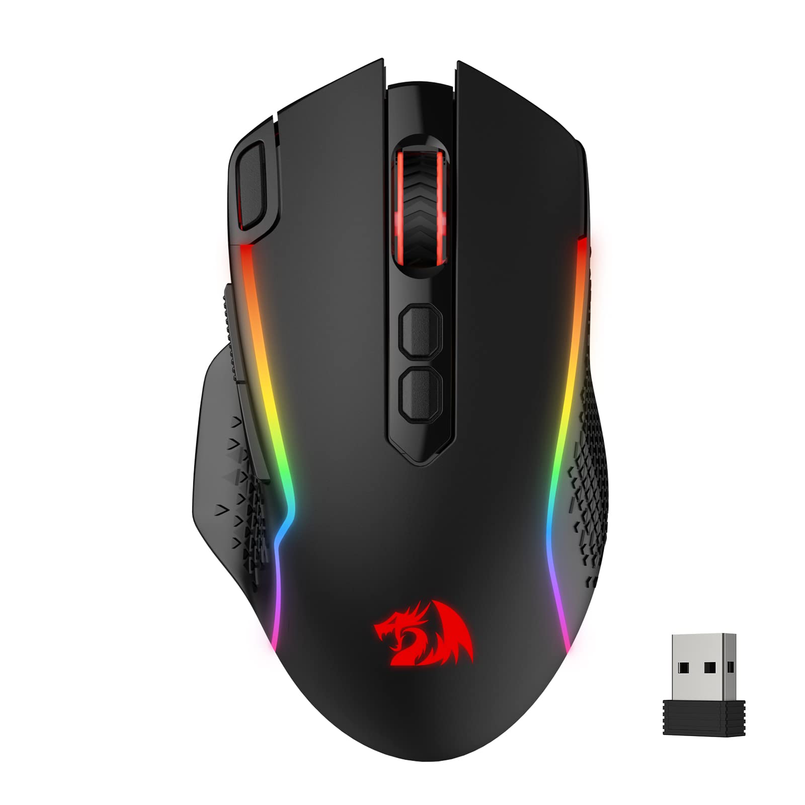 موشواره بازی بی‌سیم Redragon M810 Pro با دقت ۱۰۰۰۰ DPI با دکمه فوری، ۸ کلید ماکرو، ۴۵ ساعت نیروی مداوم و نورپردازی RGB برای کامپیوتر/مک/لپ‌تاپ، رنگ‌های متنوع ارائه شده است.