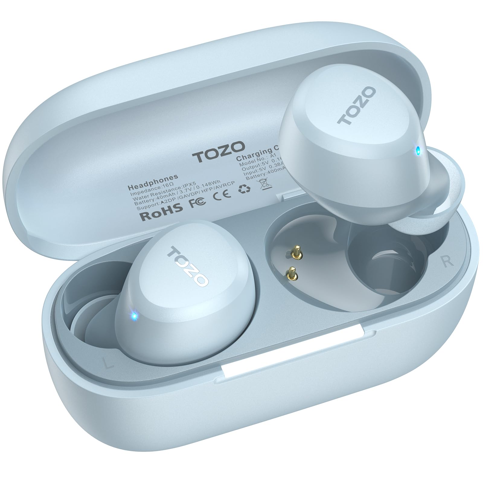 TOZO A1 هدفون بی سیم Mini Wireless Bluetooth 5.3 in Ear با وزن سبک دارای میکروفون داخلی، ضد آب IPX5، صدای حرفه‌ای واقع‌گرایانه، اتصال بلندمدت با کیفیت، هدست با قاب شارژ، آبی