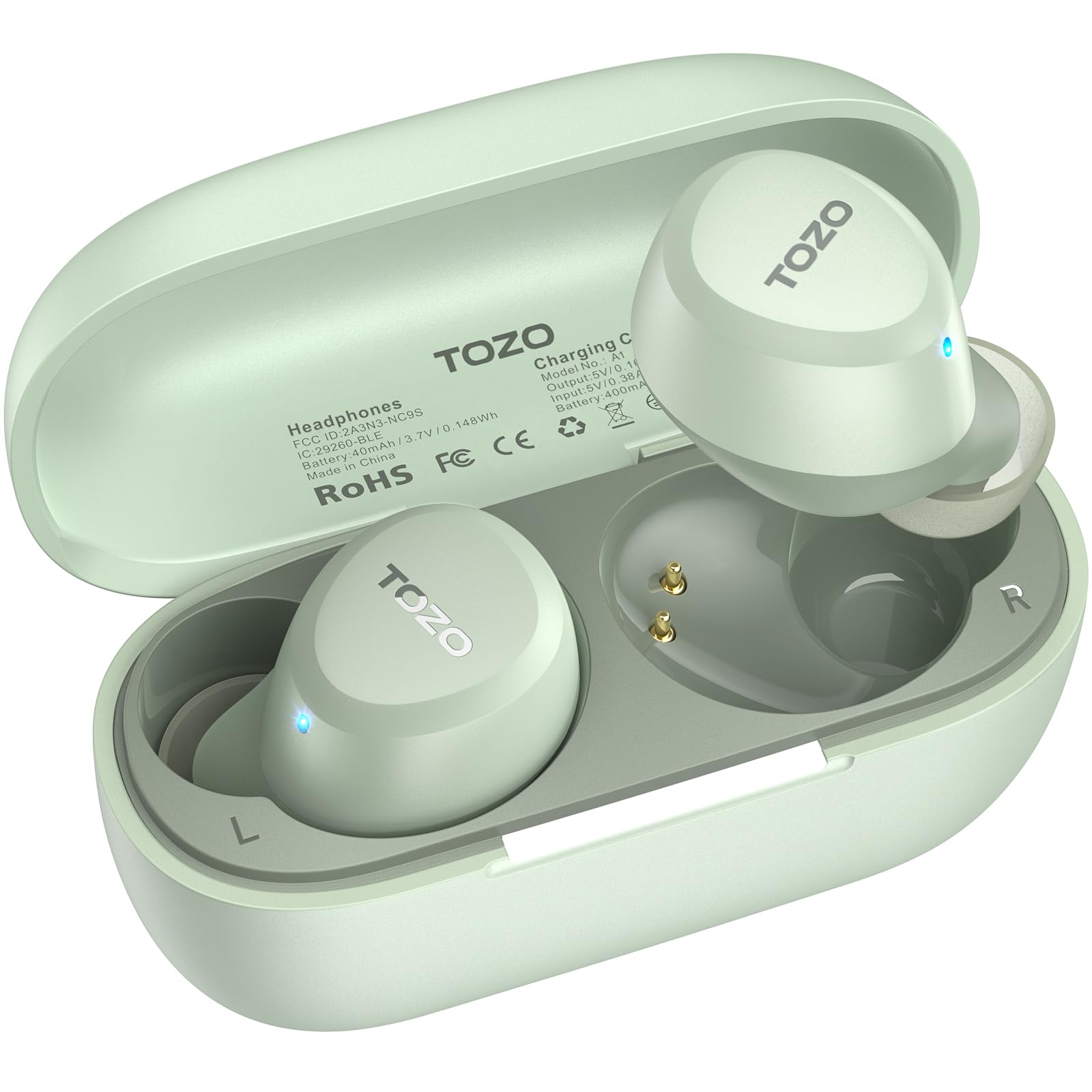 هدفون بی‌سیم TOZO A1 Mini با بلوتوث 5.3، هدفون سبک در گوش دارای میکروفون داخلی، ضدآب IPX5، صدای حرفه‌ای فراگیر، اتصال از فاصله دور با کیف شارژ، سبز