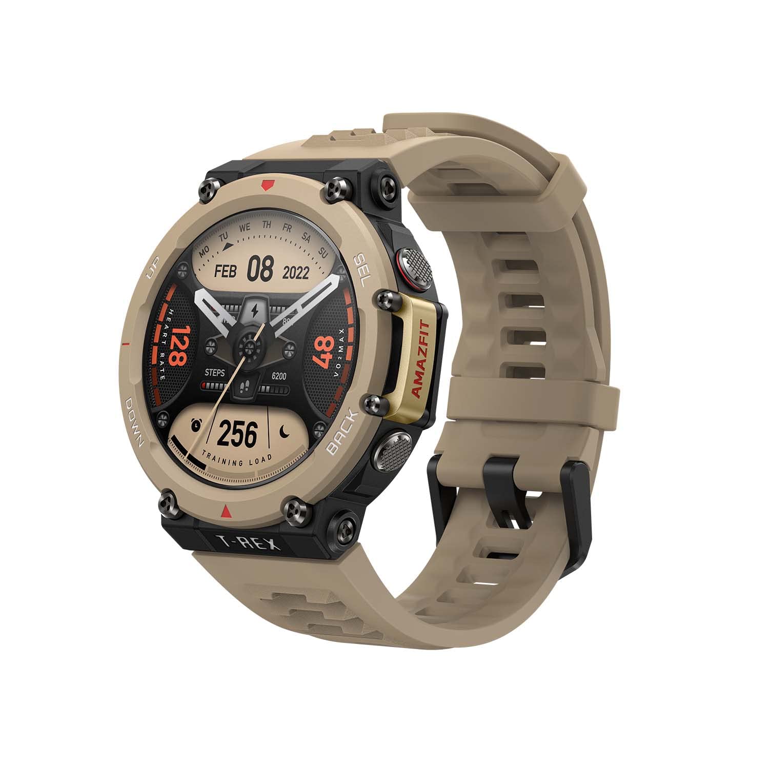 ساعت هوشمند Amazfit T Rex 2، چندریاه GPS واقعیت نزدیک، تمرینات قدرتی، بیش از 150 حالت ورزشی، نظارت بر ضربان قلب و اکسیژن خون SpO2، رنگ خاکی، اندازه استاندارد، کژوال.