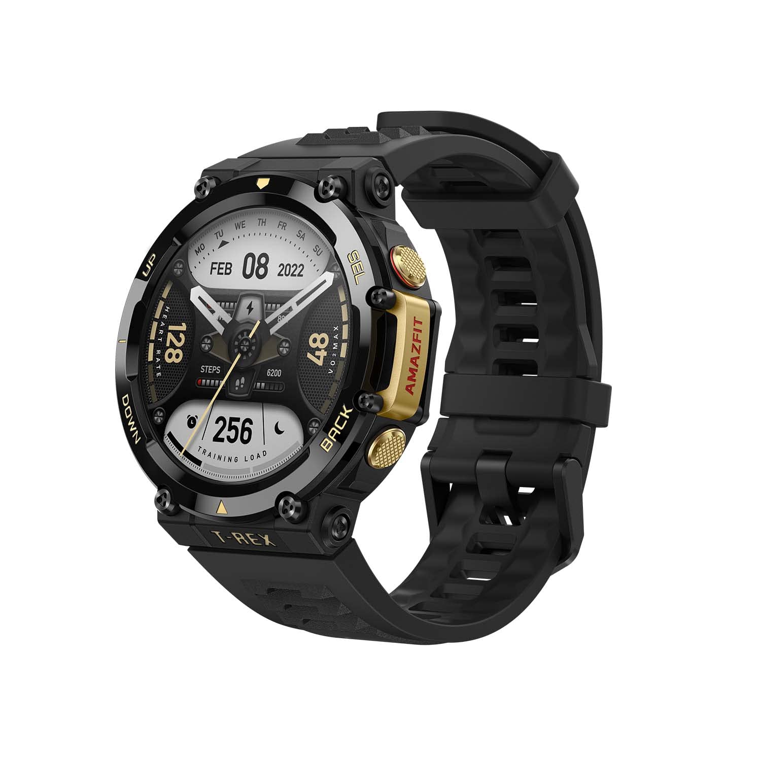 ساعت هوشمند Amazfit T Rex 2، یک ساعت ورزشی پیشرفته با GPS چندریاهه، ناوبری به صورت زمان واقعی، تمرینات استحکام، بیش از 150 حالت ورزشی، نظارت بر ضربان قلب، اکسیژن خون SpO2، طرح مشکی طلایی سیاه طلایی casual
