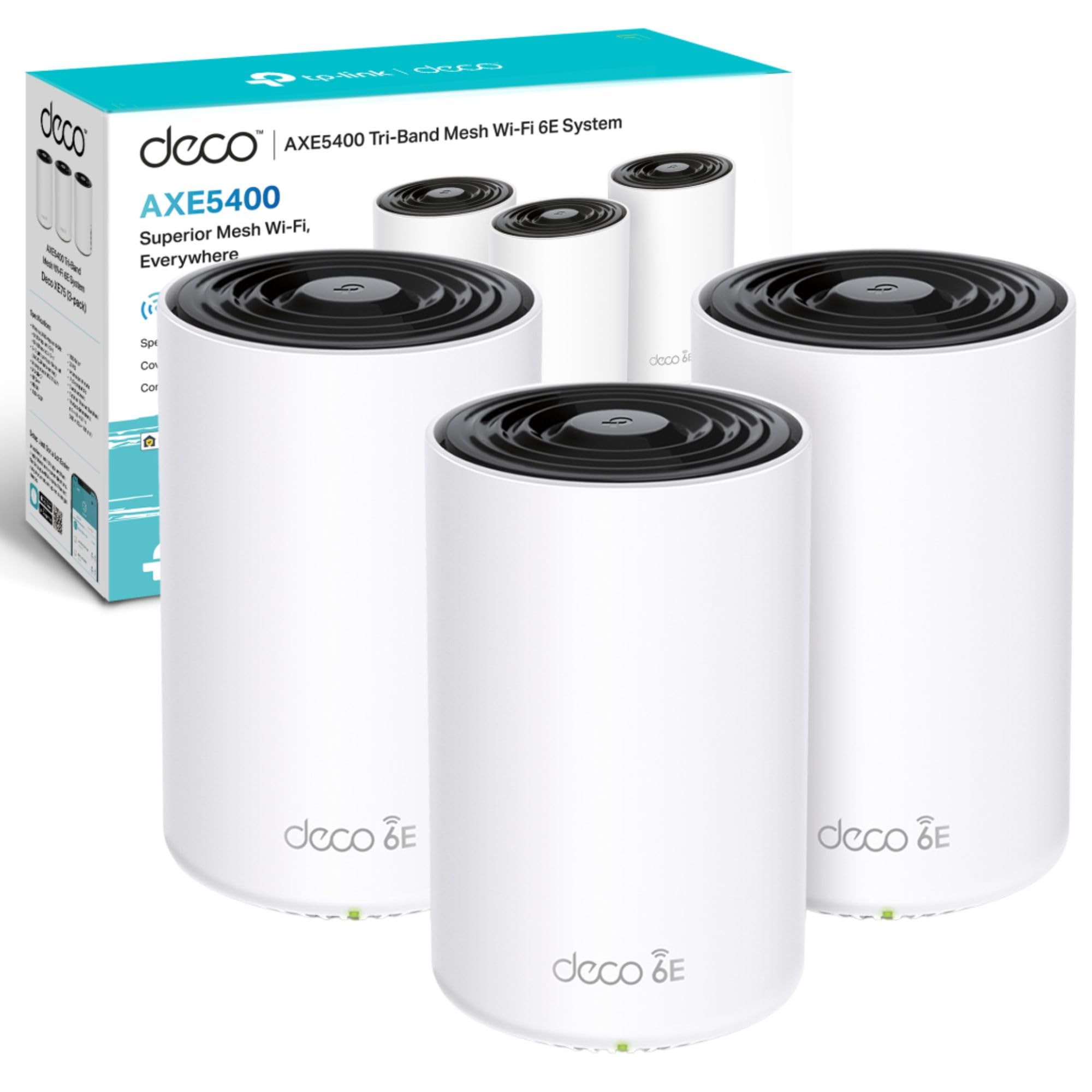 سیستم مش وای فای کلی TP-Link Deco XE75 AXE5400 با وای فای 6E تمام خانه، سه باند، پورت‌های گیگابیت، مش تحت فناوری هوش مصنوعی، پوشش تا 7200 فوت مربع، امکان اتصال تا 200 دستگاه، پردازنده چهار هسته‌ای با فرکانس 1.7 گیگاهرتز، HomeShield، بسته 3 عددی وای فای 6E AXE5400