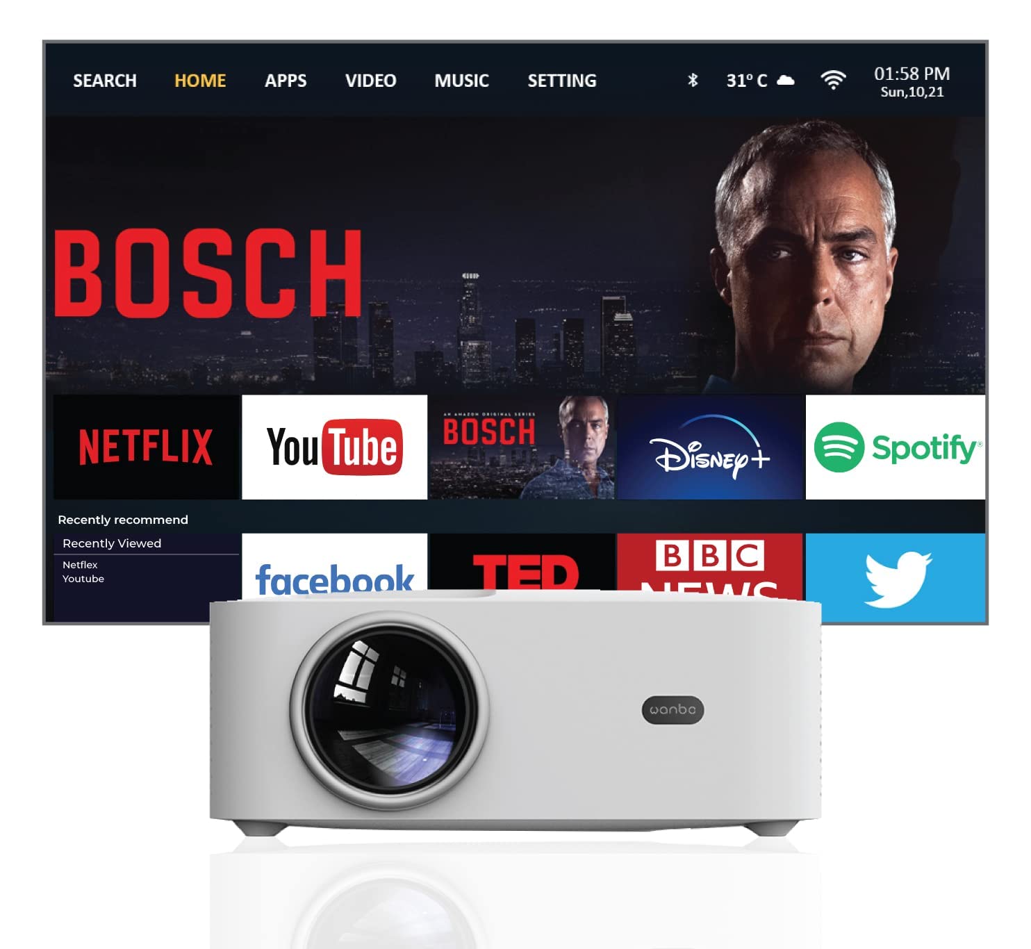 وانبو X1 پرو (ارتقا یافته)، فول اچ‌دی 1080P اصلی، اندروید 9، پرژکتور خانگی، سینمایی LED، 350 ANSI، 3900 لومن، وای‌فای بلوتوث، HDMI ARC، دالبی DTS، اصلاح کی‌استون 4D، ورژن جهانی، سفید